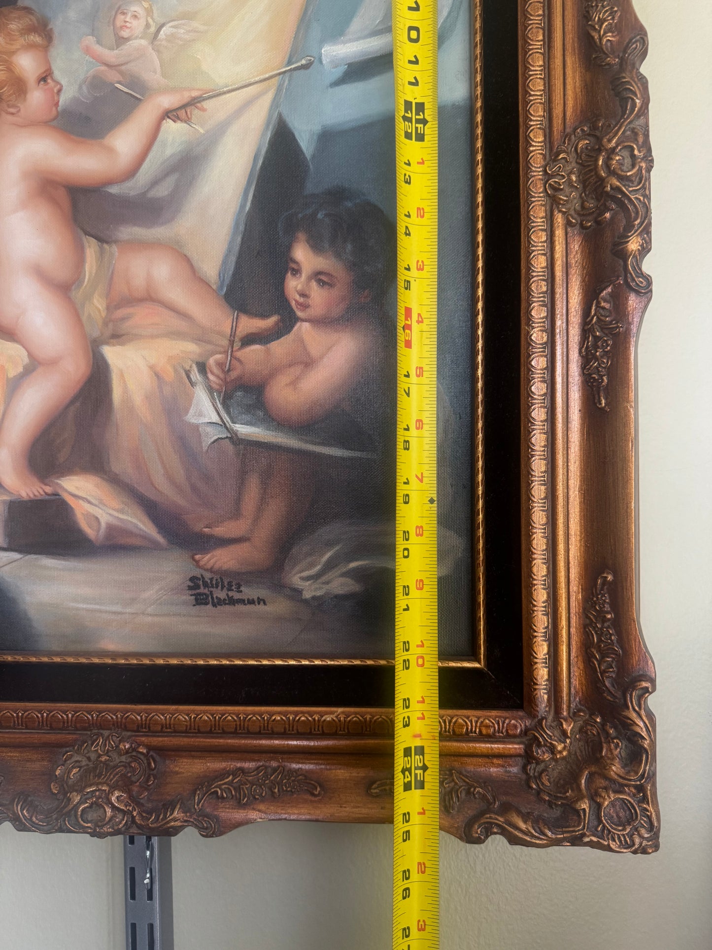 Vintage Framed Cherub Painting Putti Sign "S Nunez Blackman"Wall Art Ornate Gold Frame Large 25x22