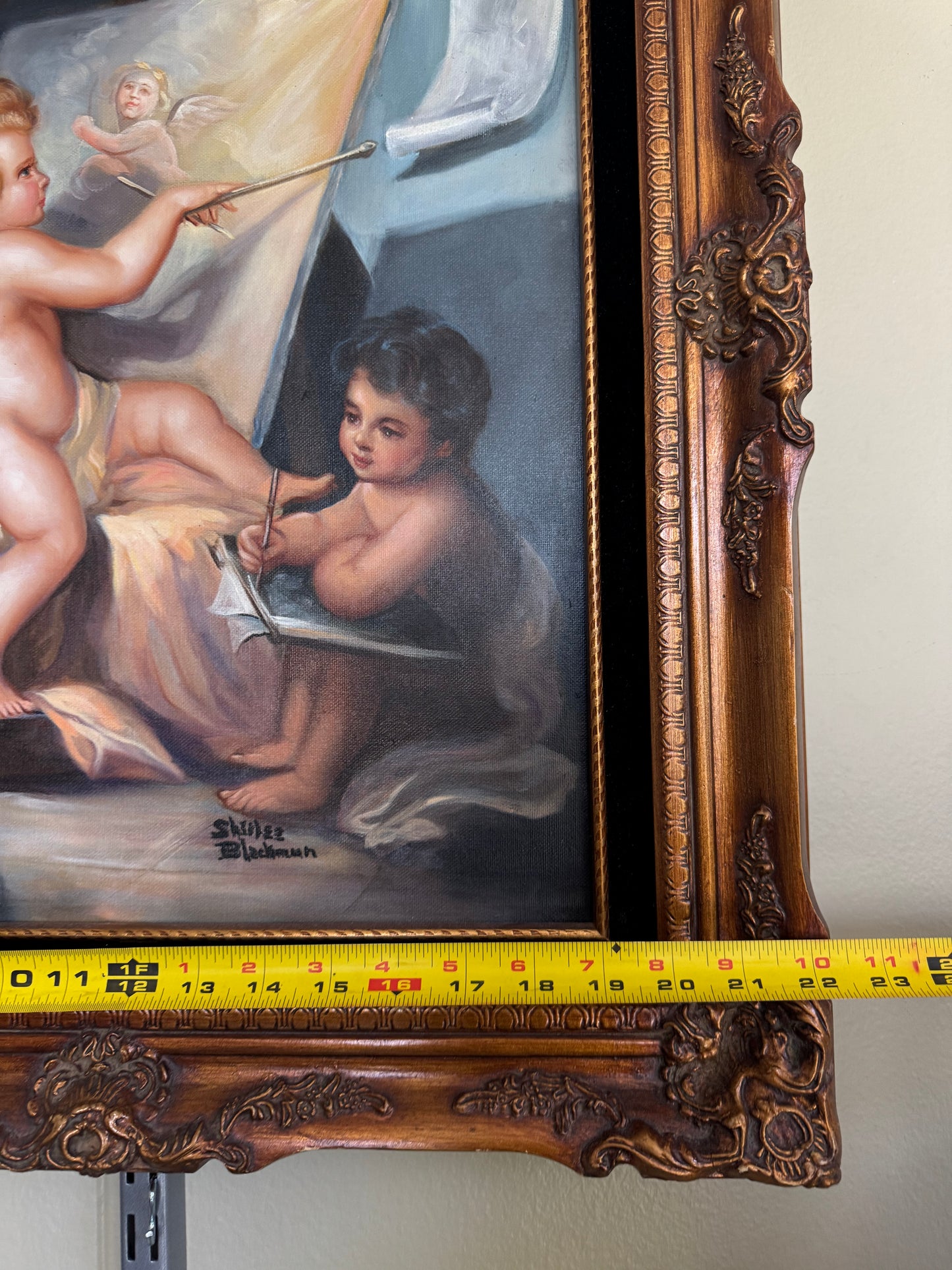 Vintage Framed Cherub Painting Putti Sign "S Nunez Blackman"Wall Art Ornate Gold Frame Large 25x22