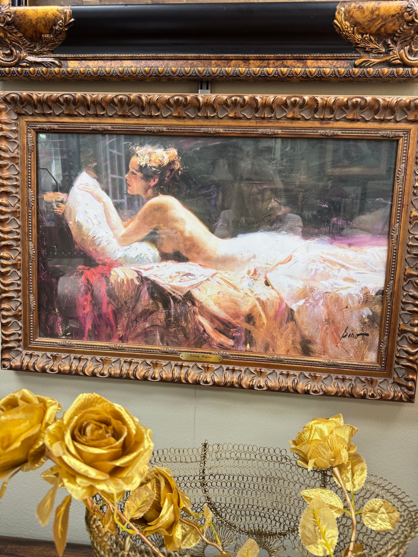 Framed Wall Art “Evening Repose” by Pino Large Romantic Print Ornate Gold Frame 28x17