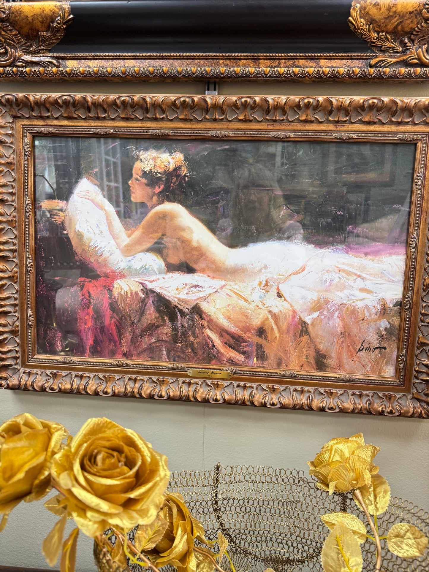 Framed Wall Art “Evening Repose” by Pino Large Romantic Print Ornate Gold Frame 28x17