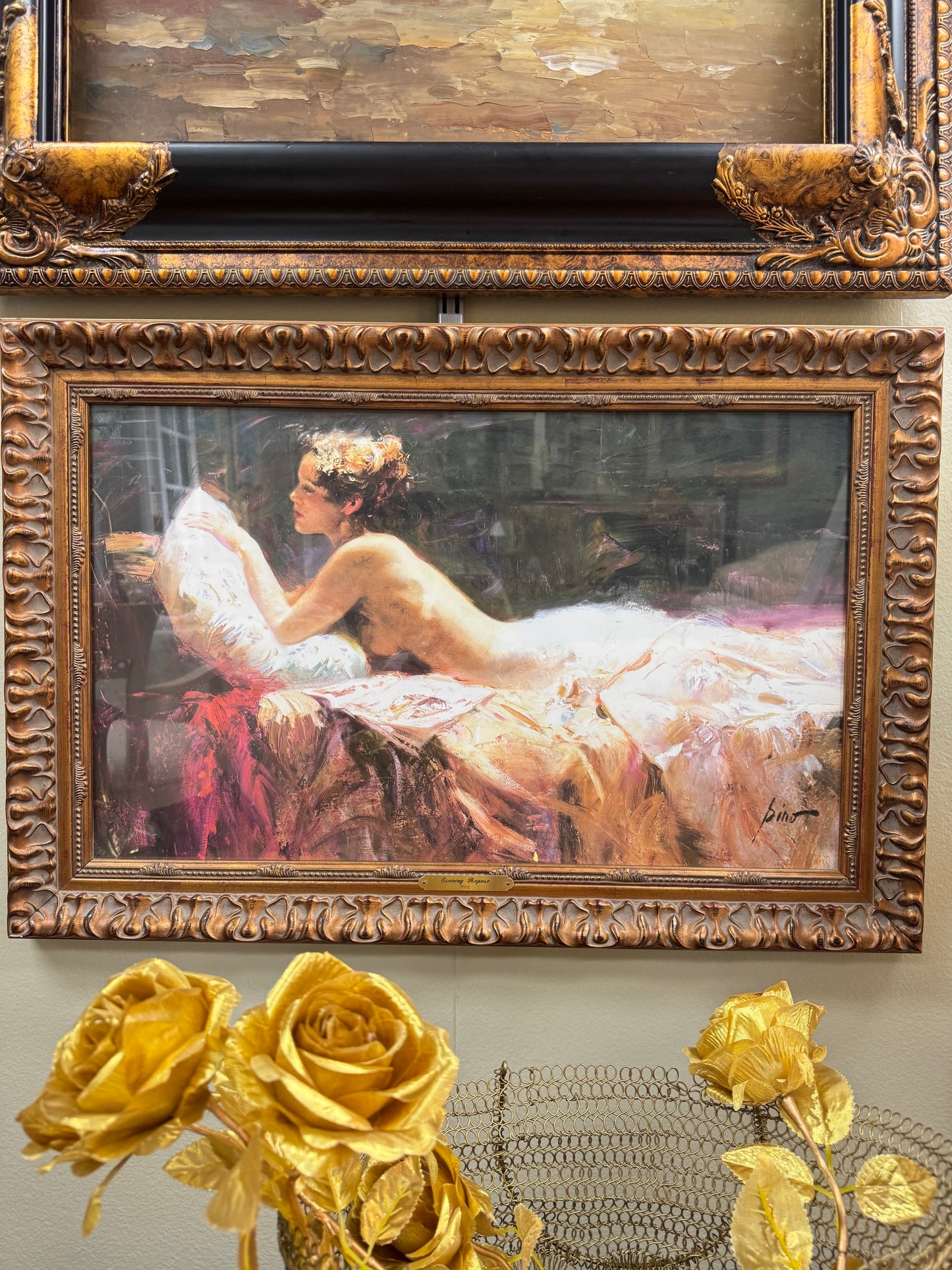 Framed Wall Art “Evening Repose” by Pino Large Romantic Print Ornate Gold Frame 28x17