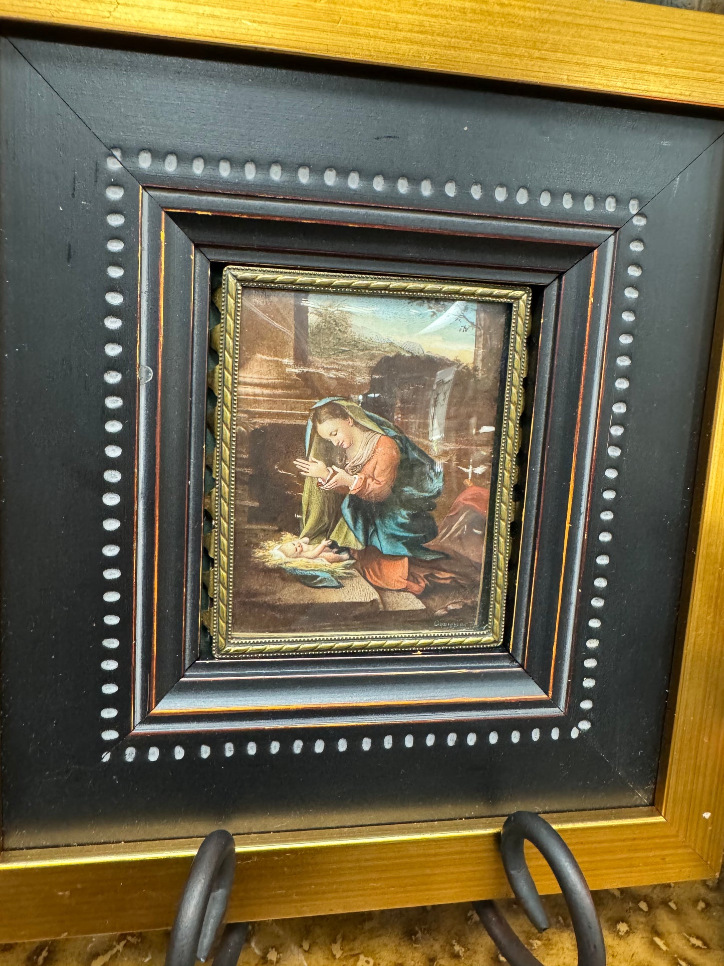 Set of 2 Framed Religious Icon Prints Madonna and Child Mini Icons Gold Black Frames