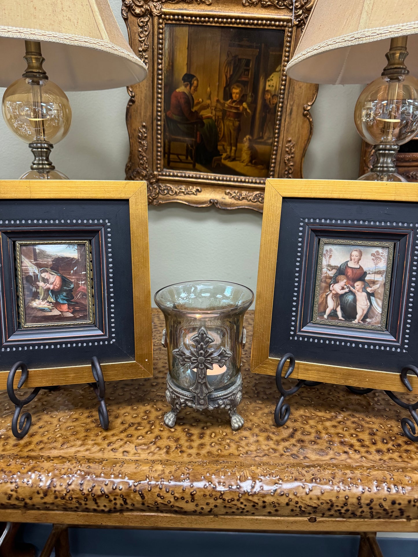 Set of 2 Framed Religious Icon Prints Madonna and Child Mini Icons Gold Black Frames