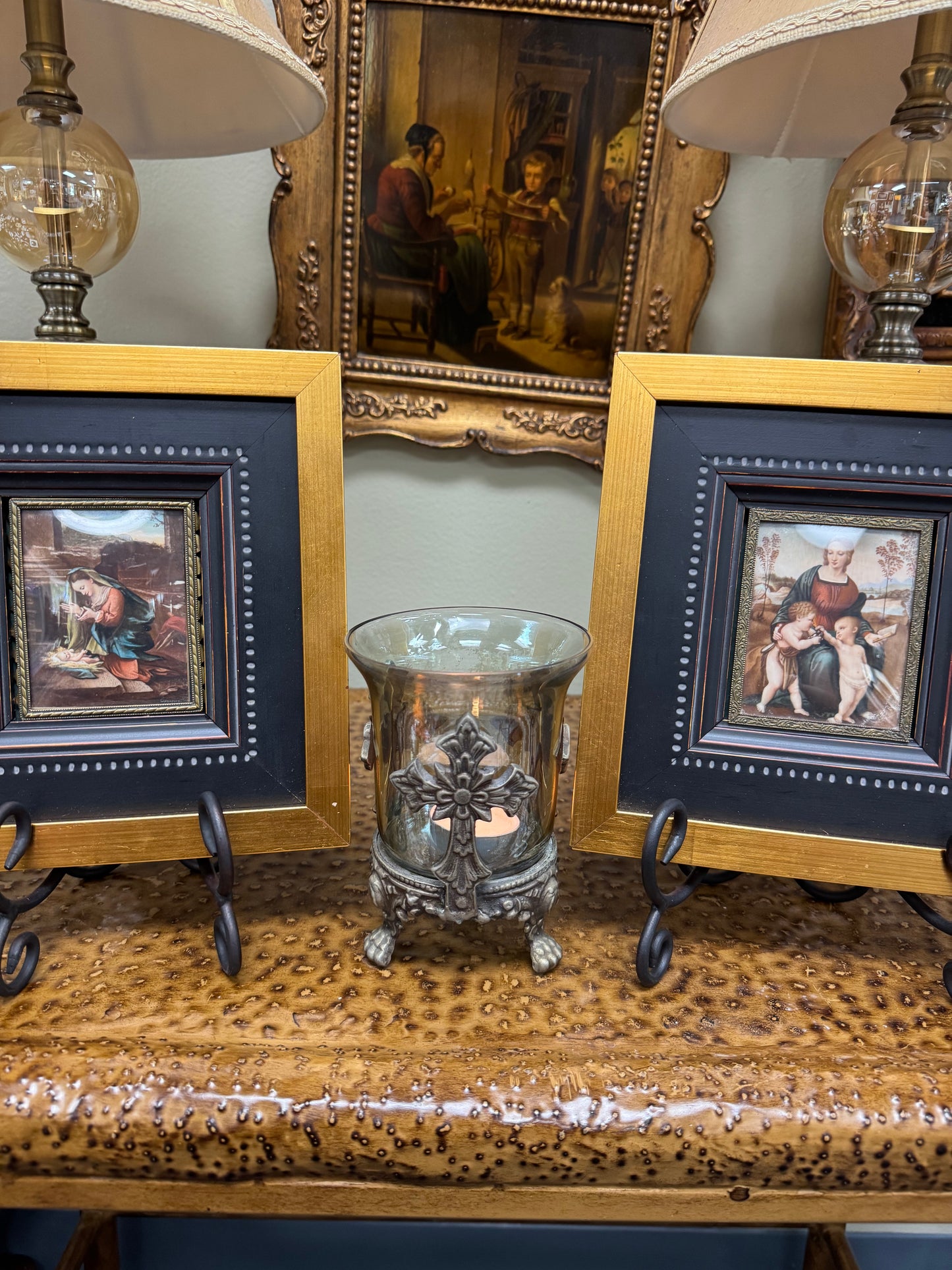 Set of 2 Framed Religious Icon Prints Madonna and Child Mini Icons Gold Black Frames
