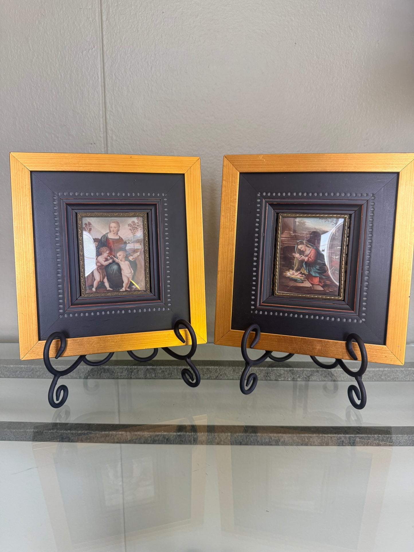 Set of 2 Framed Religious Icon Prints Madonna and Child Mini Icons Gold Black Frames