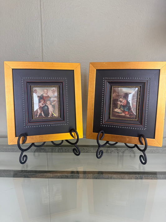 Set of 2 Framed Religious Icon Prints Madonna and Child Mini Icons Gold Black Frames
