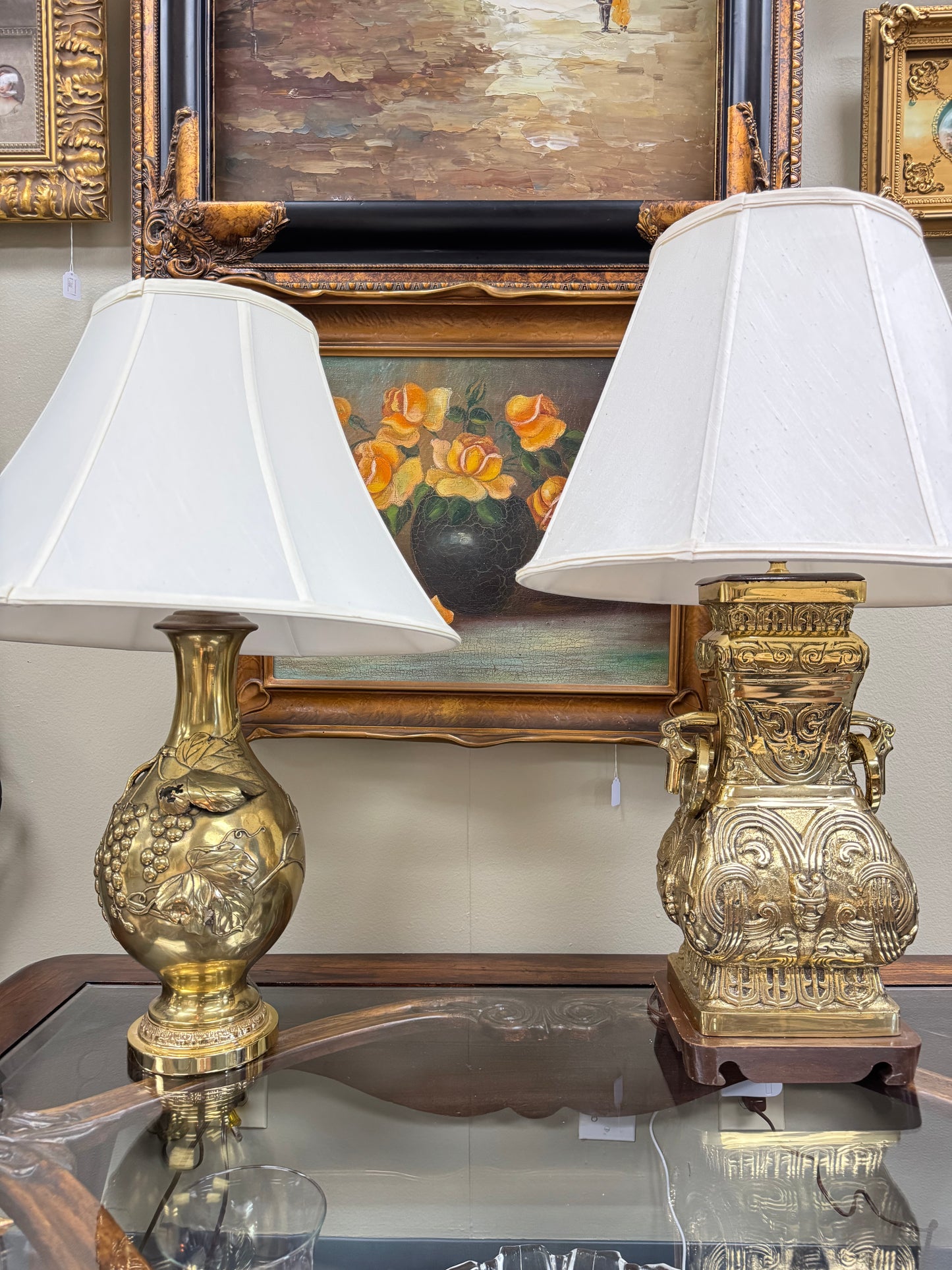 Set of 2 Vintage  Brass Table Lamps Ornate Heavy Base Grapes Design 30” Local Pickup