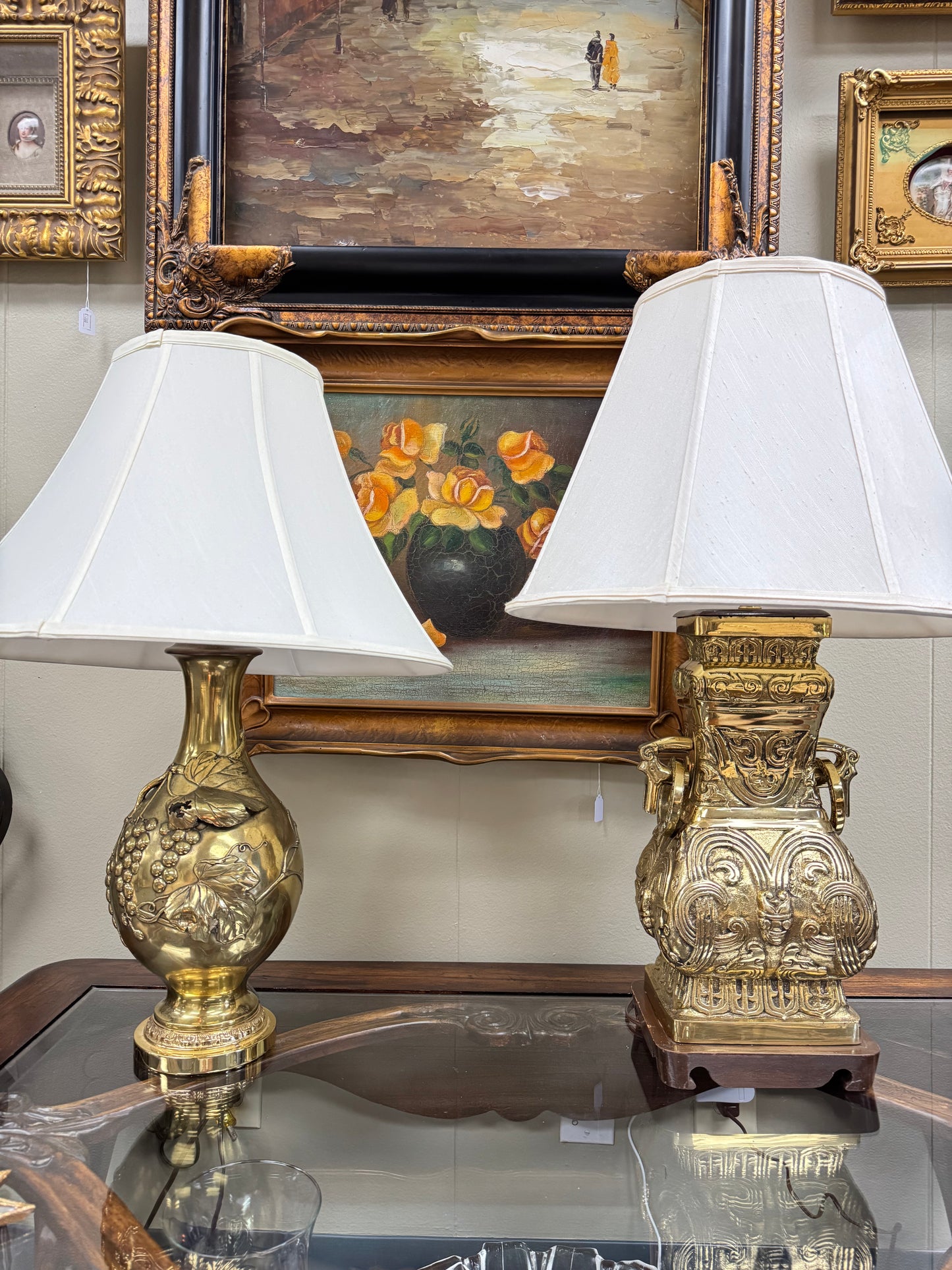 Set of 2 Vintage  Brass Table Lamps Ornate Heavy Base Grapes Design 30” Local Pickup