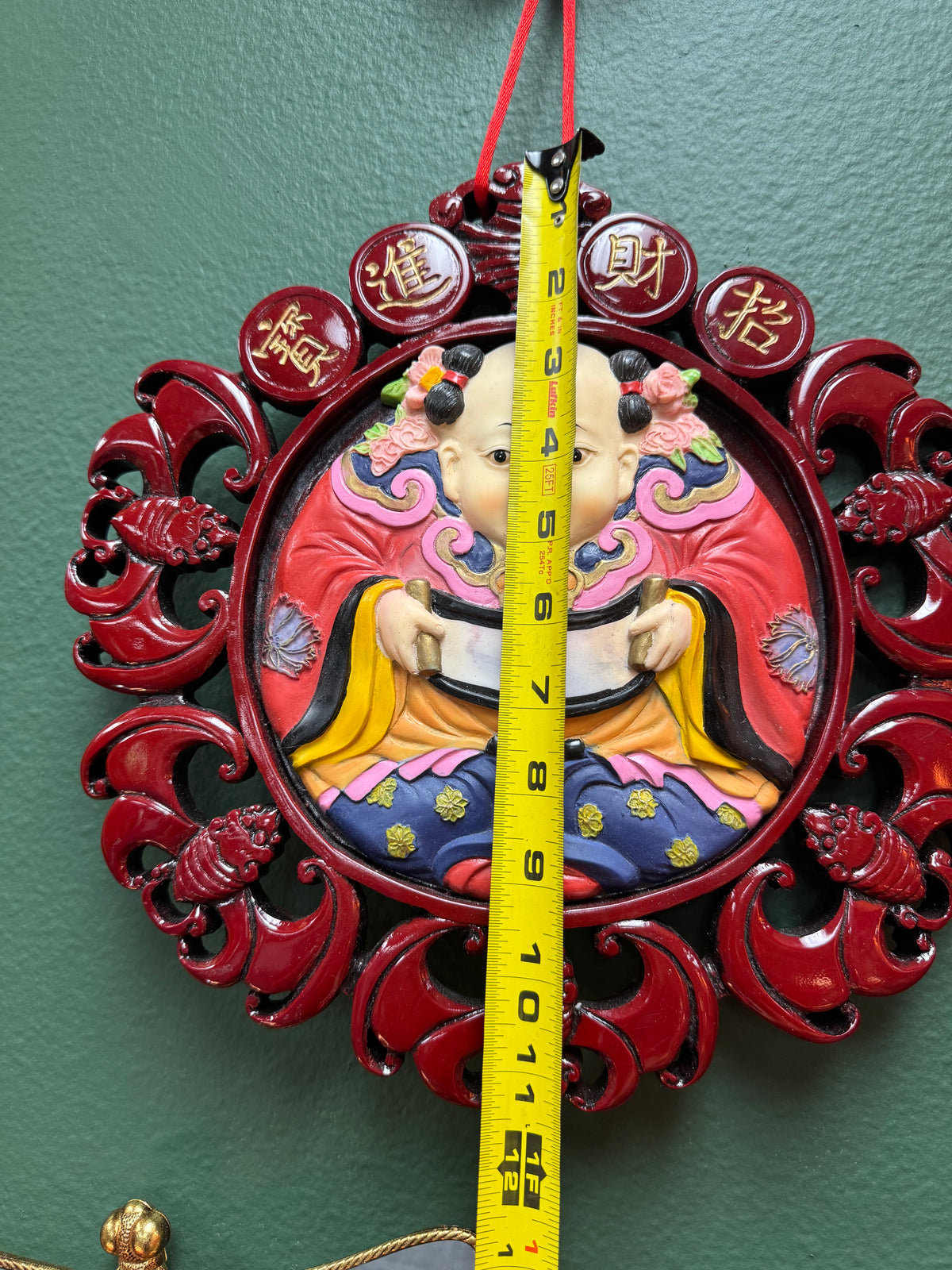 🧧 Chinese Ceramic Wall Hanging – Carved Wood Frame – Red & Gold Asian Decor – 11”