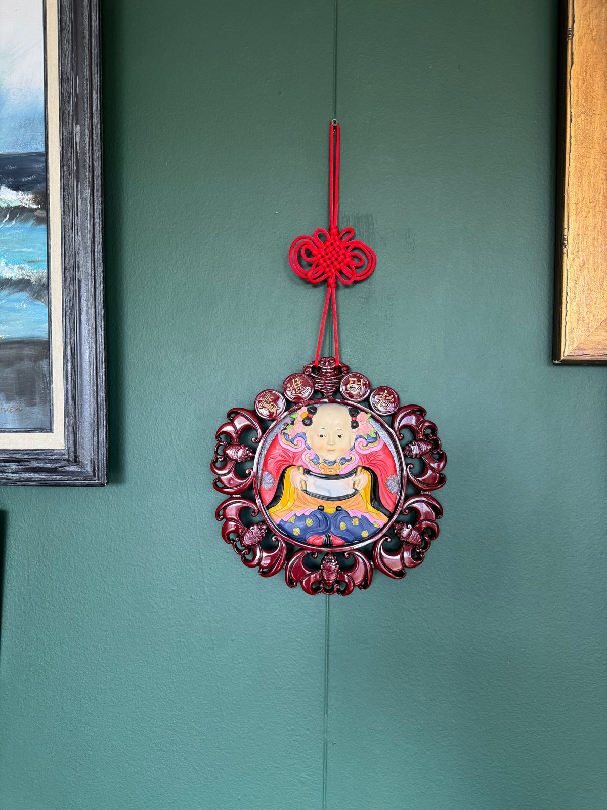 🧧 Chinese Ceramic Wall Hanging – Carved Wood Frame – Red & Gold Asian Decor – 11”