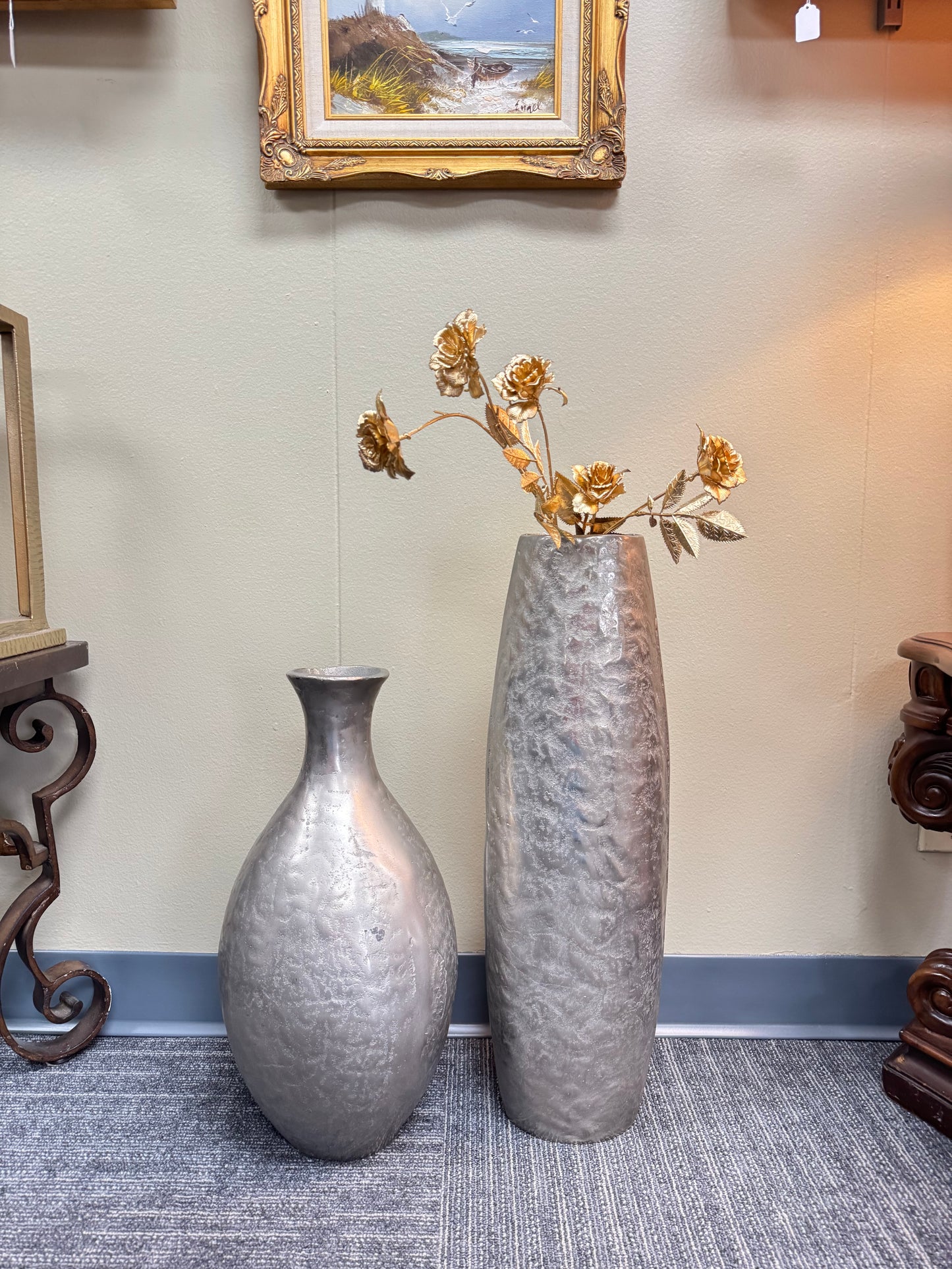 Set of 2 Large Silver Textured Floor Vases Modern Hammered Metal Look Decor Tall 24”, 19”