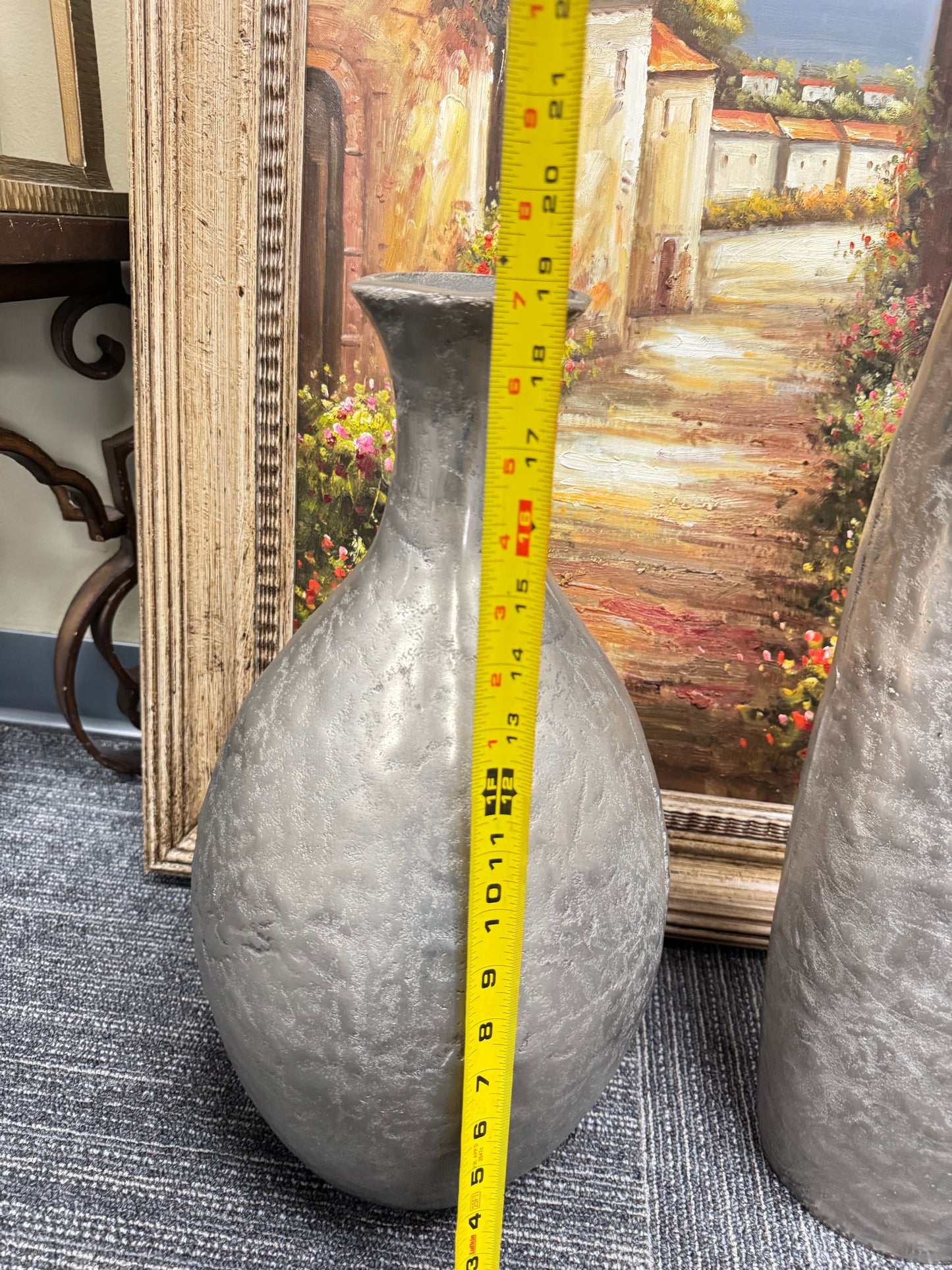 Set of 2 Large Silver Textured Floor Vases Modern Hammered Metal Look Decor Tall 24”, 19”