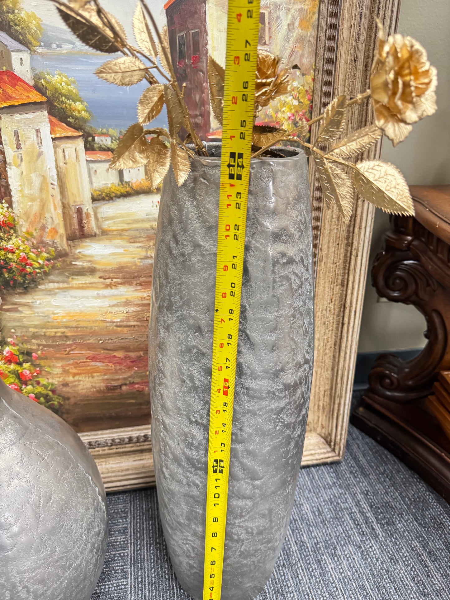 Set of 2 Large Silver Textured Floor Vases Modern Hammered Metal Look Decor Tall 24”, 19”