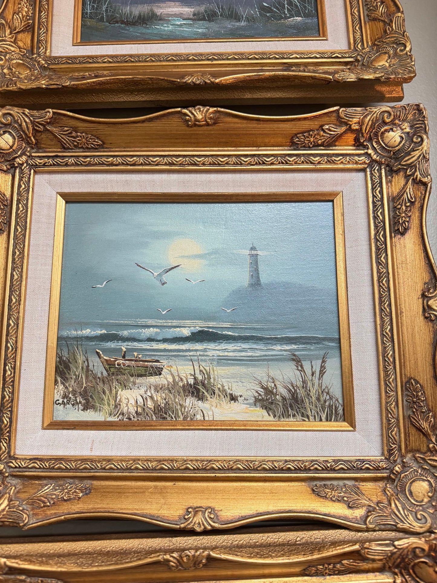Framed Coastal Seascape Oil Painting Lighthouse Seagulls Ornate Gold Frame Wall Art 13x15