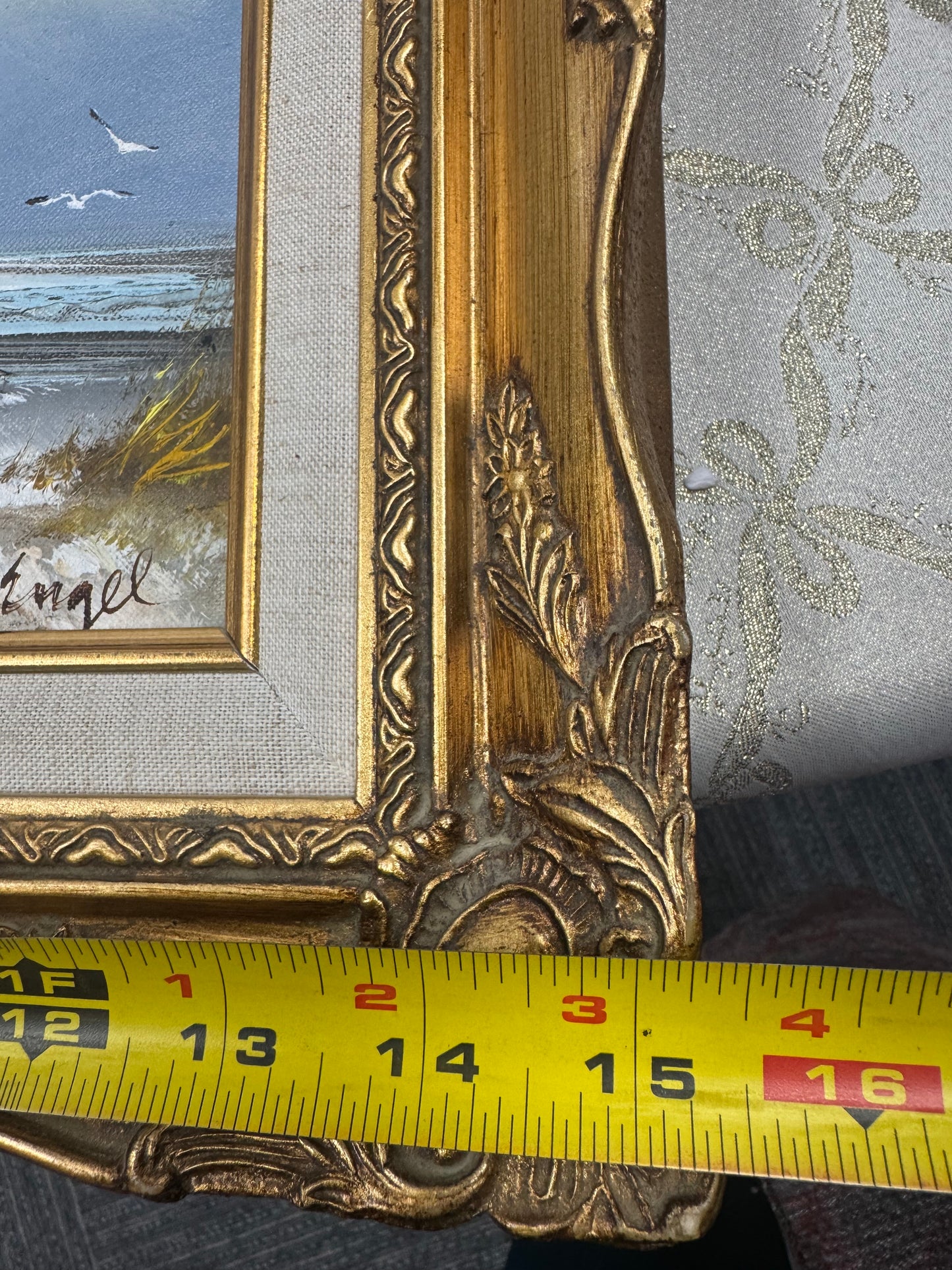 Framed Coastal Seascape Oil Painting Lighthouse Seagulls Ornate Gold Frame Wall Art 13x15