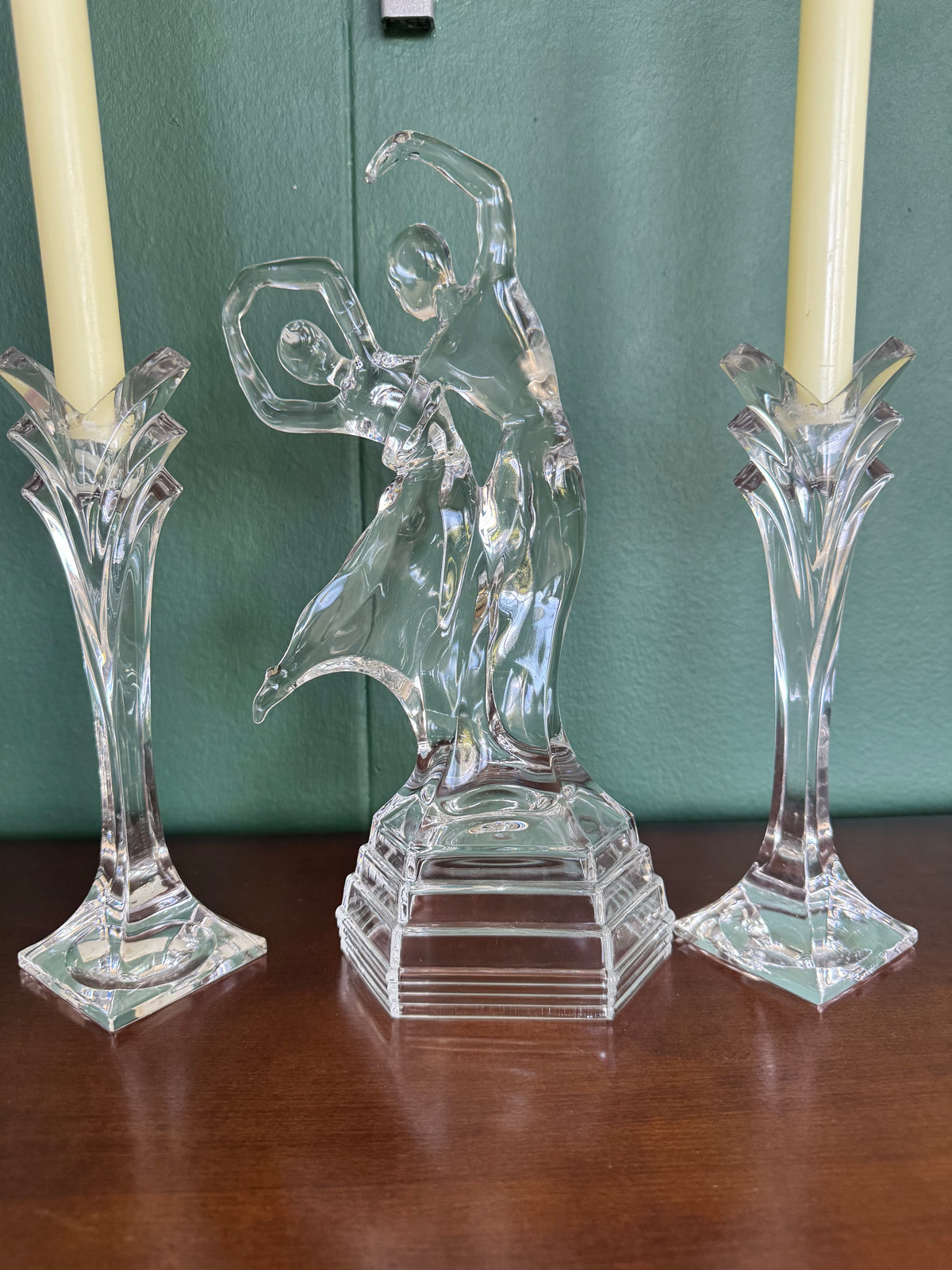 💎 Vintage Crystal Dancing Couple Figurine & Candlestick Holders – Set of 3