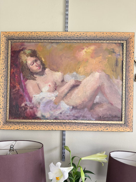 Vintage Oil Painting Reclining Nude Woman Signed R. Ruskin Framed Large 37x27