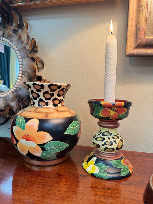 Hand Painted Floral Vase & Candle Holder Set Anita Rosenberg 2002 Decorative Art Pottery