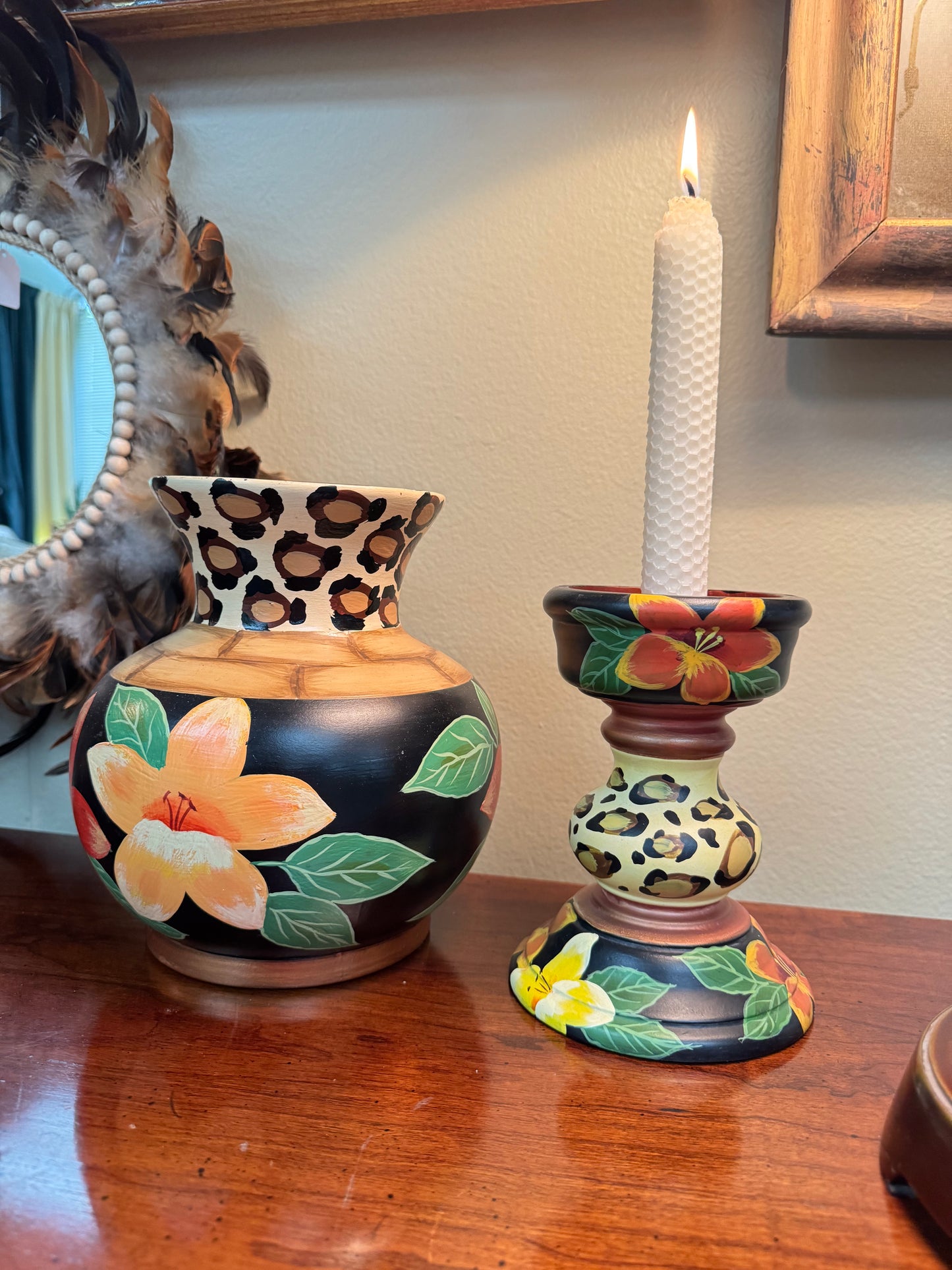 Hand Painted Floral Vase & Candle Holder Set Anita Rosenberg 2002 Decorative Art Pottery