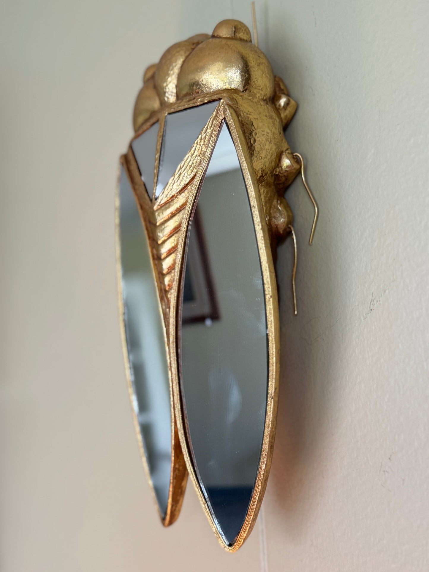 Gold Wall Art Decor Sculptural Cicada Hanging Piece Resin Decorative Accent With Mirror Style Tall ''11