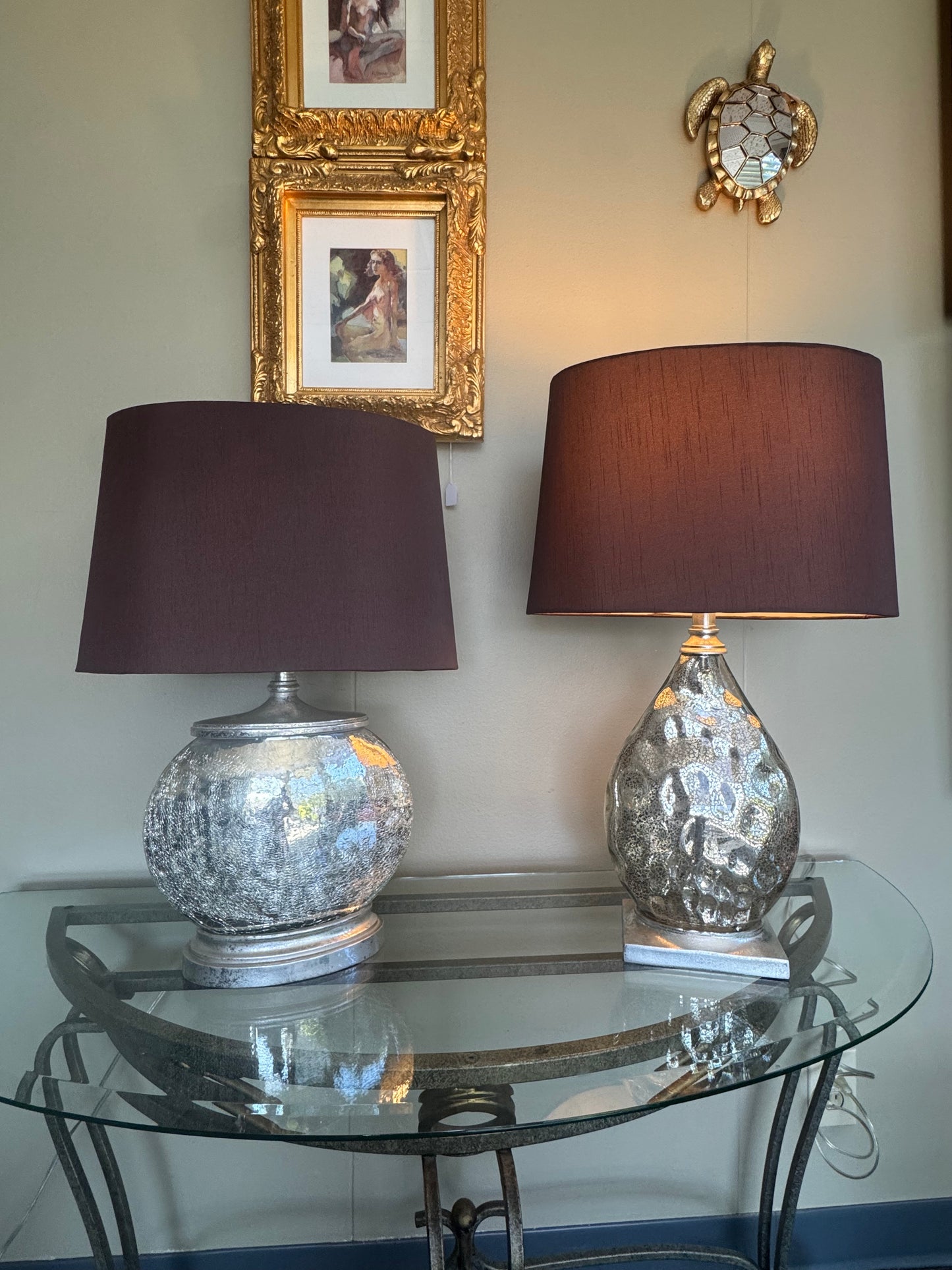 Modern Glass Table Lamps Set of 2 Silver Textured Base Brown Shade Large 25''23'' Local pickup