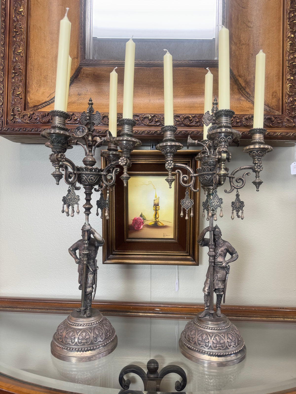 Antique Imperial Russian Silver Figural Candelabra Pair – Sazikov, Moscow 1867 – 84 Silver Warrior Candle Holders – Local Pickup Only