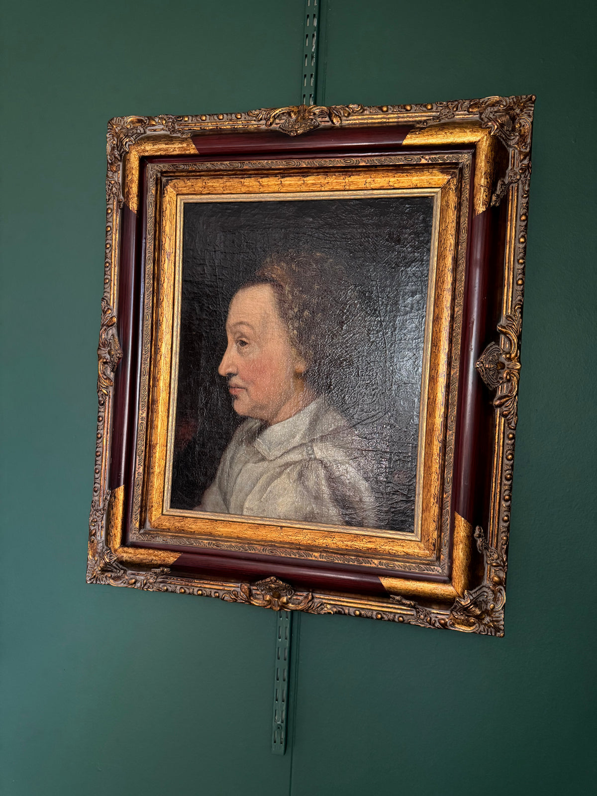 Antique oil painting profile portrait, Continental School, 18th-19th century, in ornate gold and burgundy frame