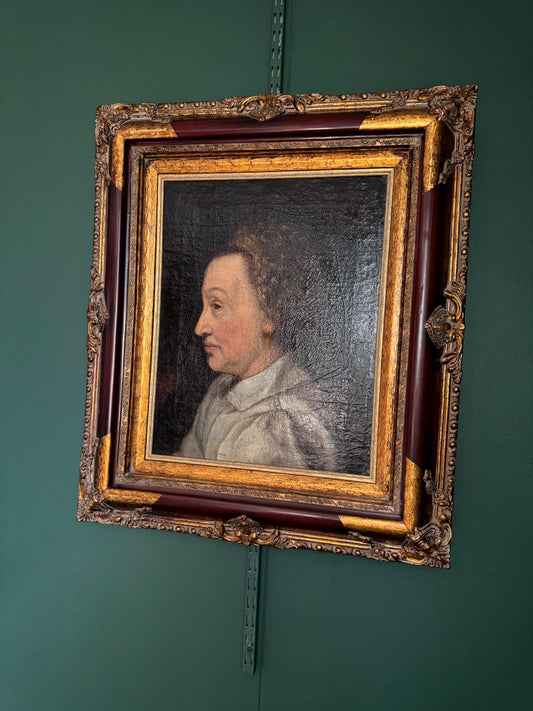 Antique oil painting profile portrait, Continental School, 18th-19th century, in ornate gold and burgundy frame