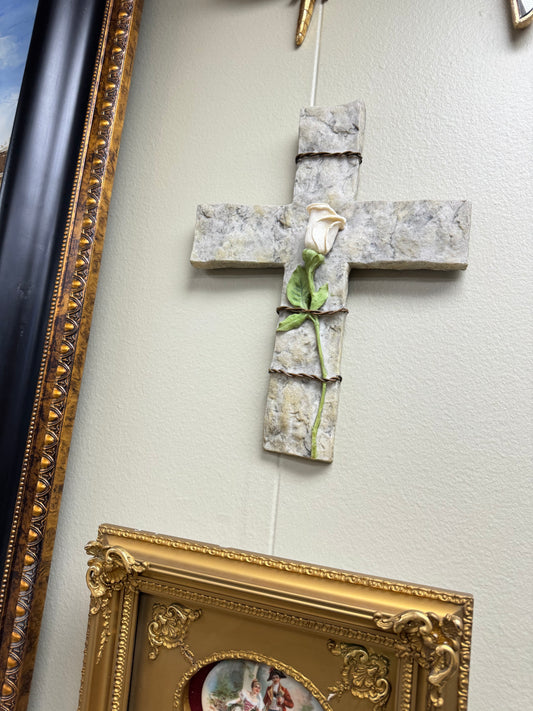 Vintage 1998 Wall Decor Cross Stone With  Rose  Neutral Home Accent