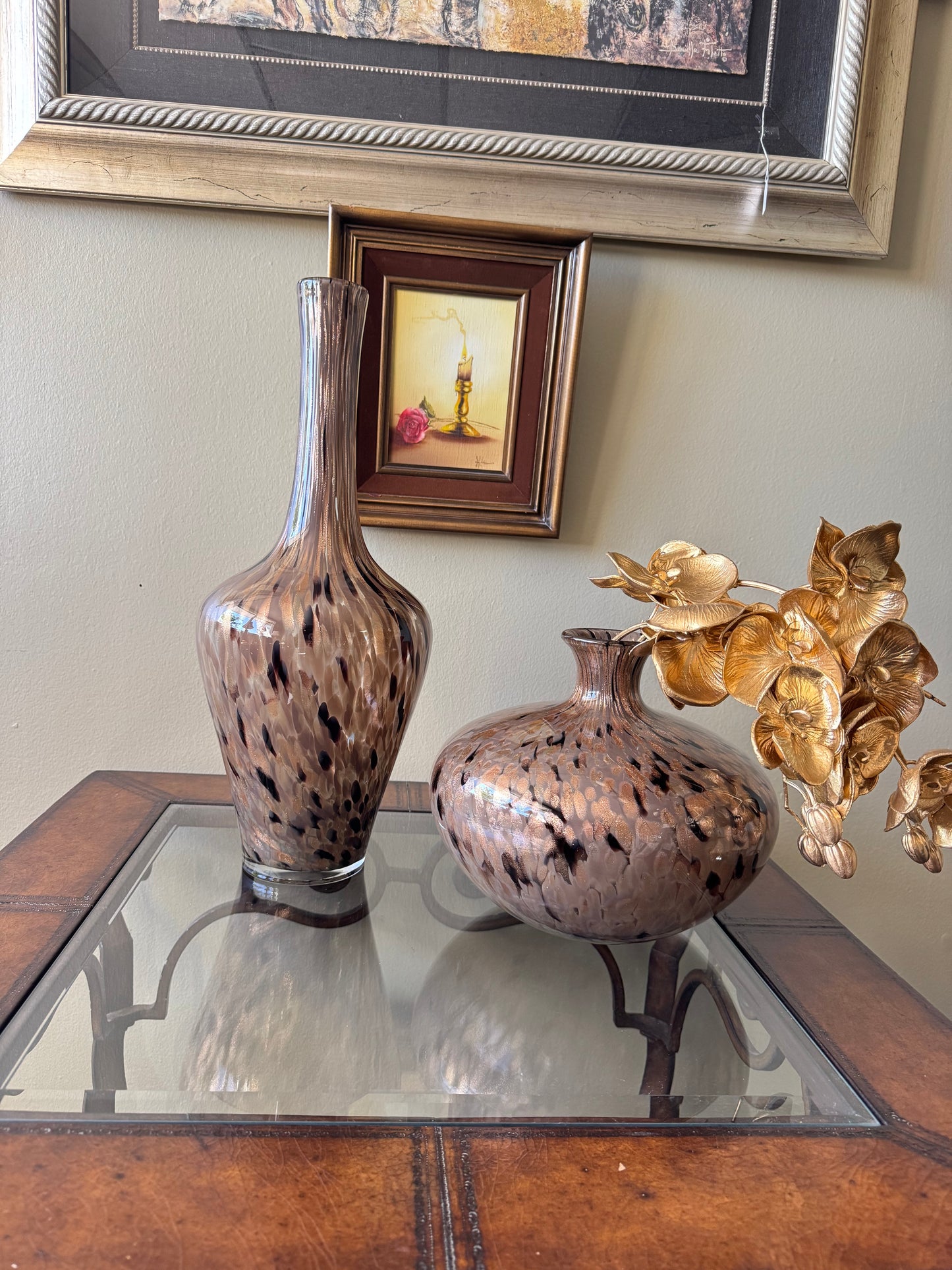 Glass Vase Set of 2 Brown Speckled Modern Decor Pair Art Glass Style Local pickup