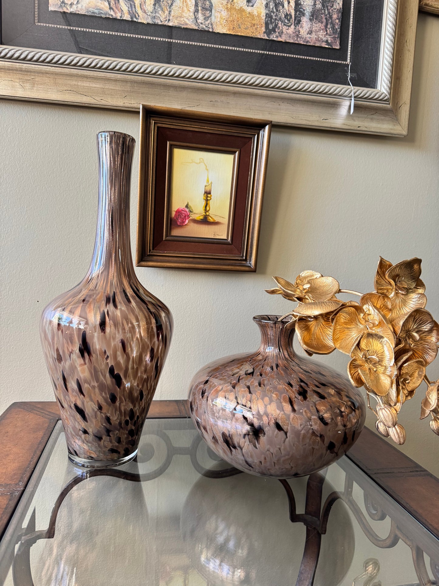 Glass Vase Set of 2 Brown Speckled Modern Decor Pair Art Glass Style Local pickup