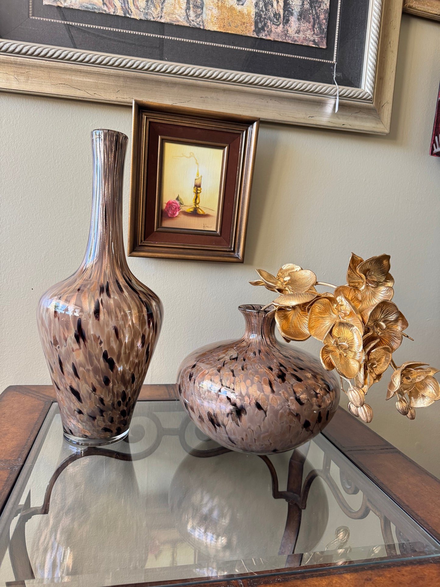 Glass Vase Set of 2 Brown Speckled Modern Decor Pair Art Glass Style Local pickup