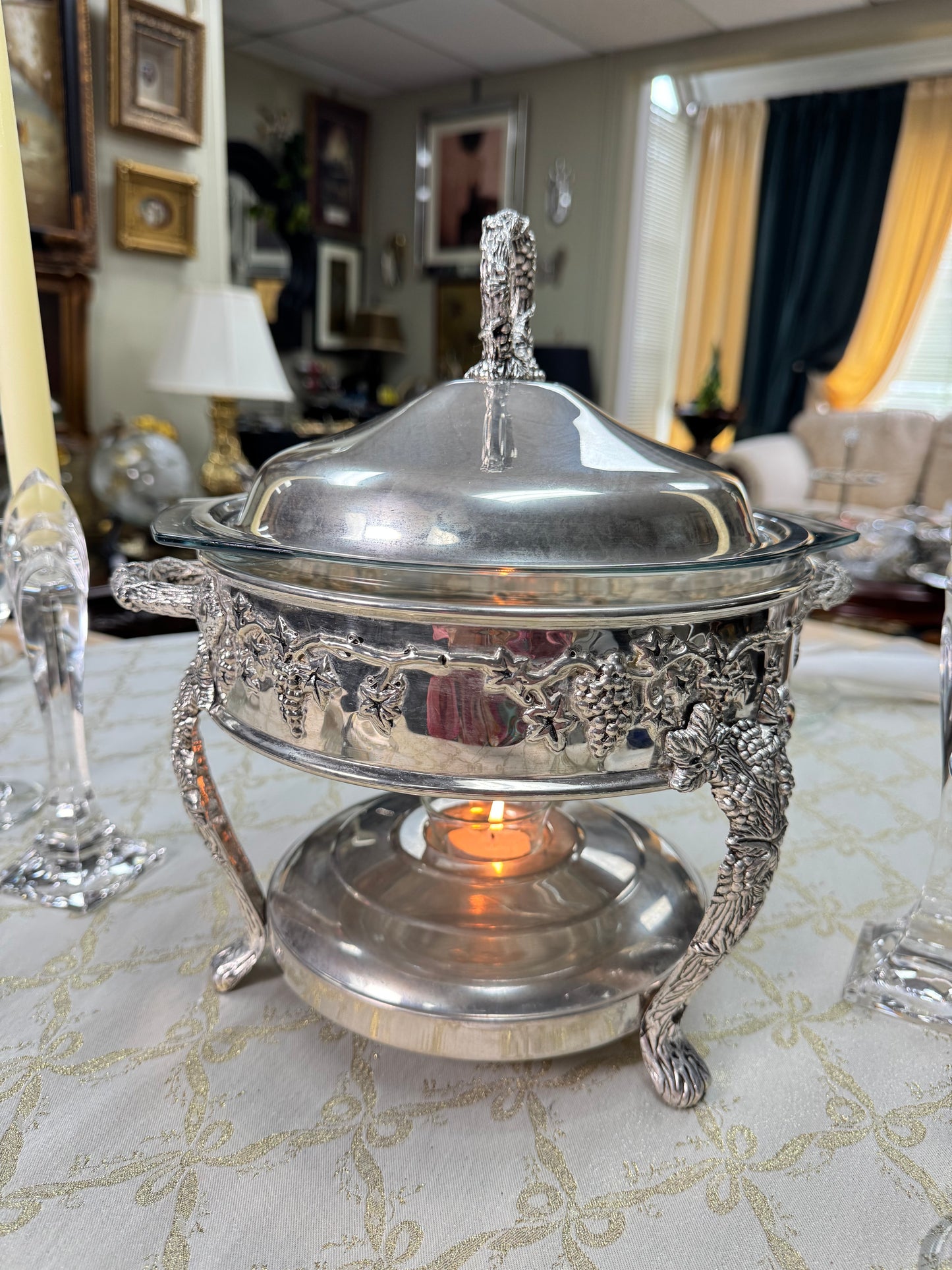 Vintage Silver Plated Chafing Dish Warming Server Glass Insert Grapevine Design Elegant Buffet Server