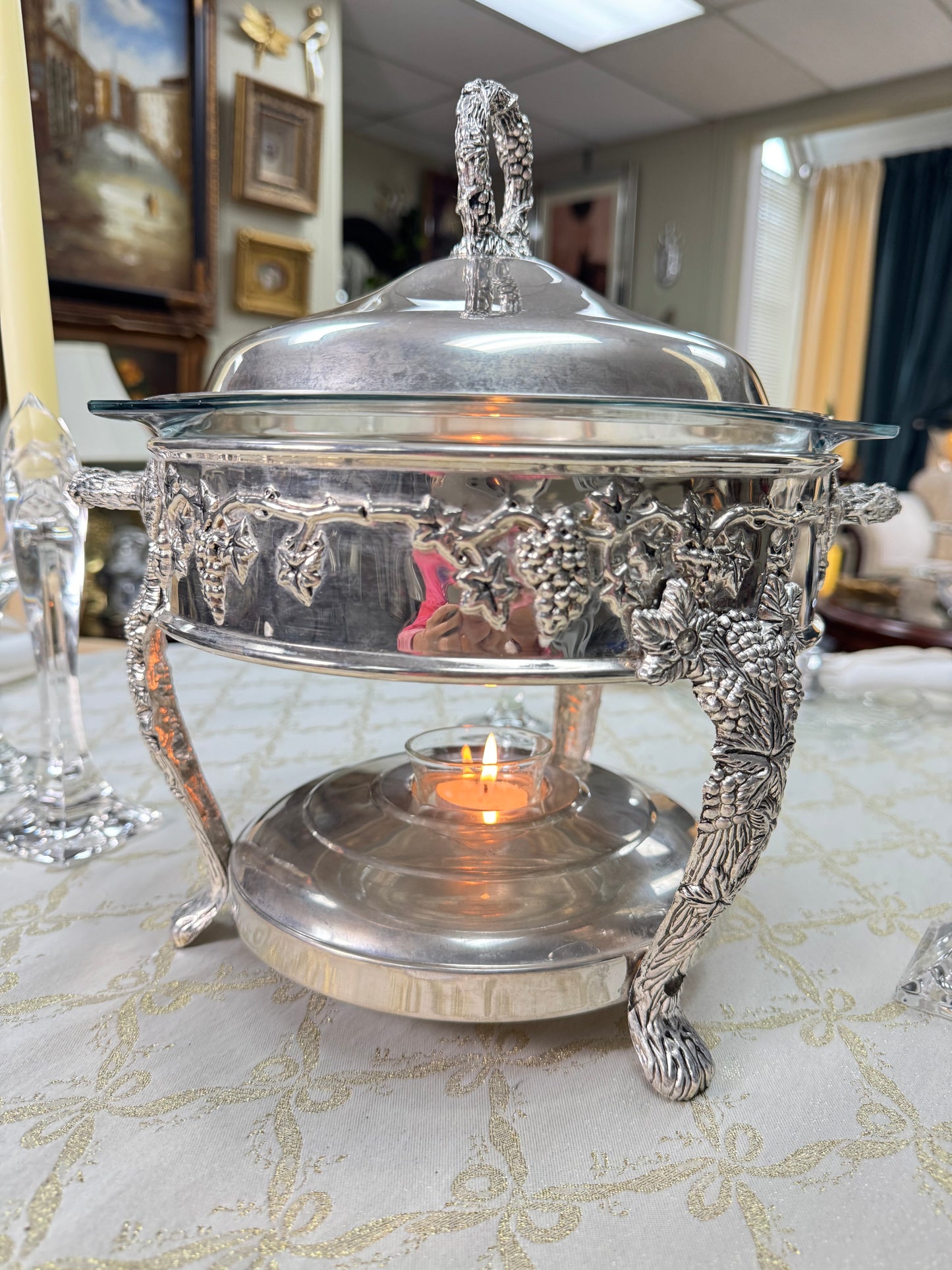 Vintage Silver Plated Chafing Dish Warming Server Glass Insert Grapevine Design Elegant Buffet Server