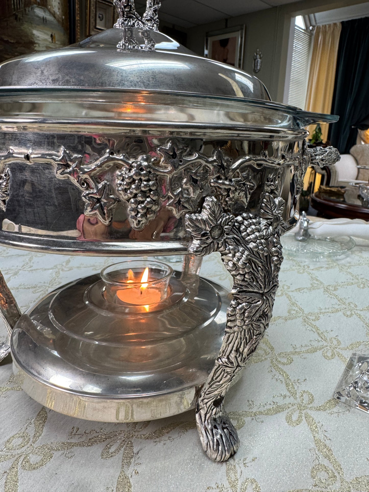 Vintage Silver Plated Chafing Dish Warming Server Glass Insert Grapevine Design Elegant Buffet Server