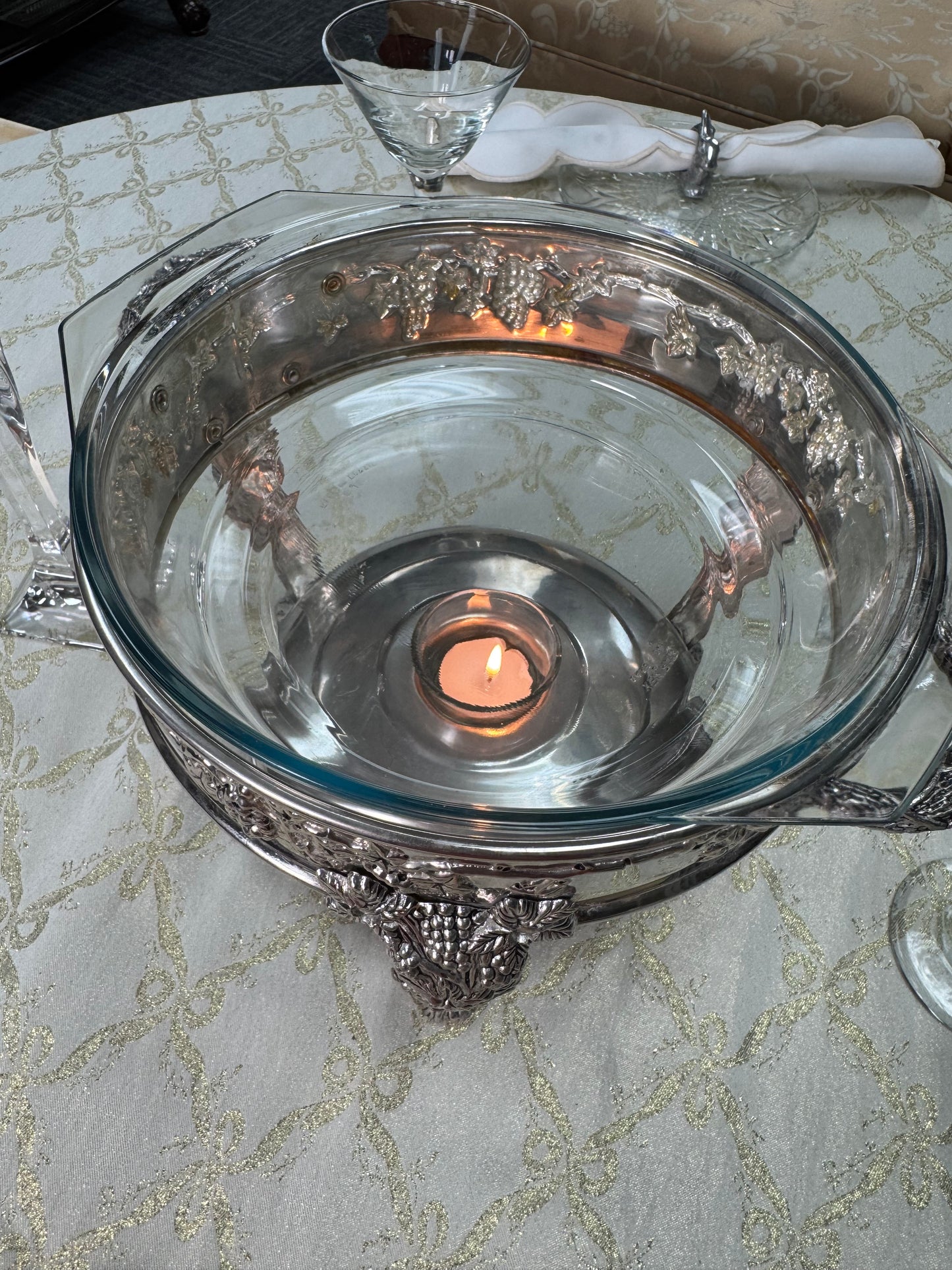 Vintage Silver Plated Chafing Dish Warming Server Glass Insert Grapevine Design Elegant Buffet Server