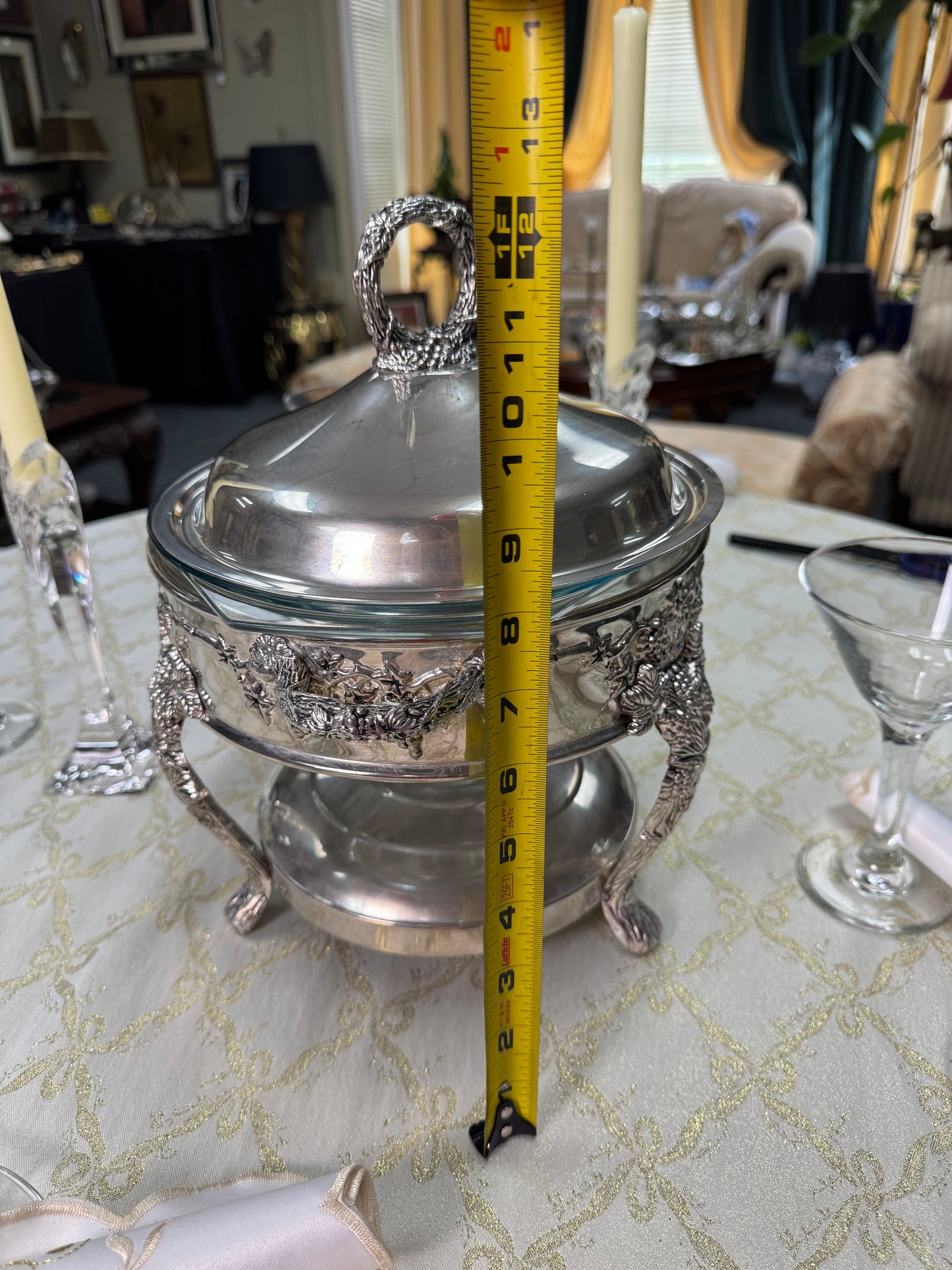 Vintage Silver Plated Chafing Dish Warming Server Glass Insert Grapevine Design Elegant Buffet Server