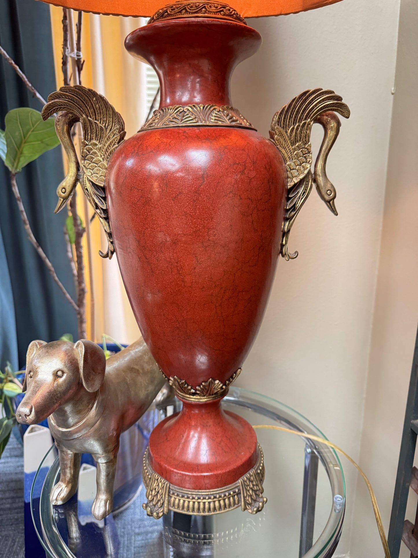 Large Vintage Red Ceramic Urn Table Lamp Swan Handles Brass Hollywood Regency 33” PICKUP