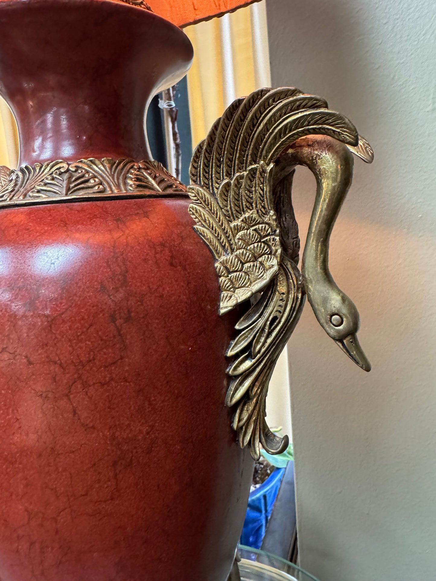 Large Vintage Red Ceramic Urn Table Lamp Swan Handles Brass Hollywood Regency 33” PICKUP