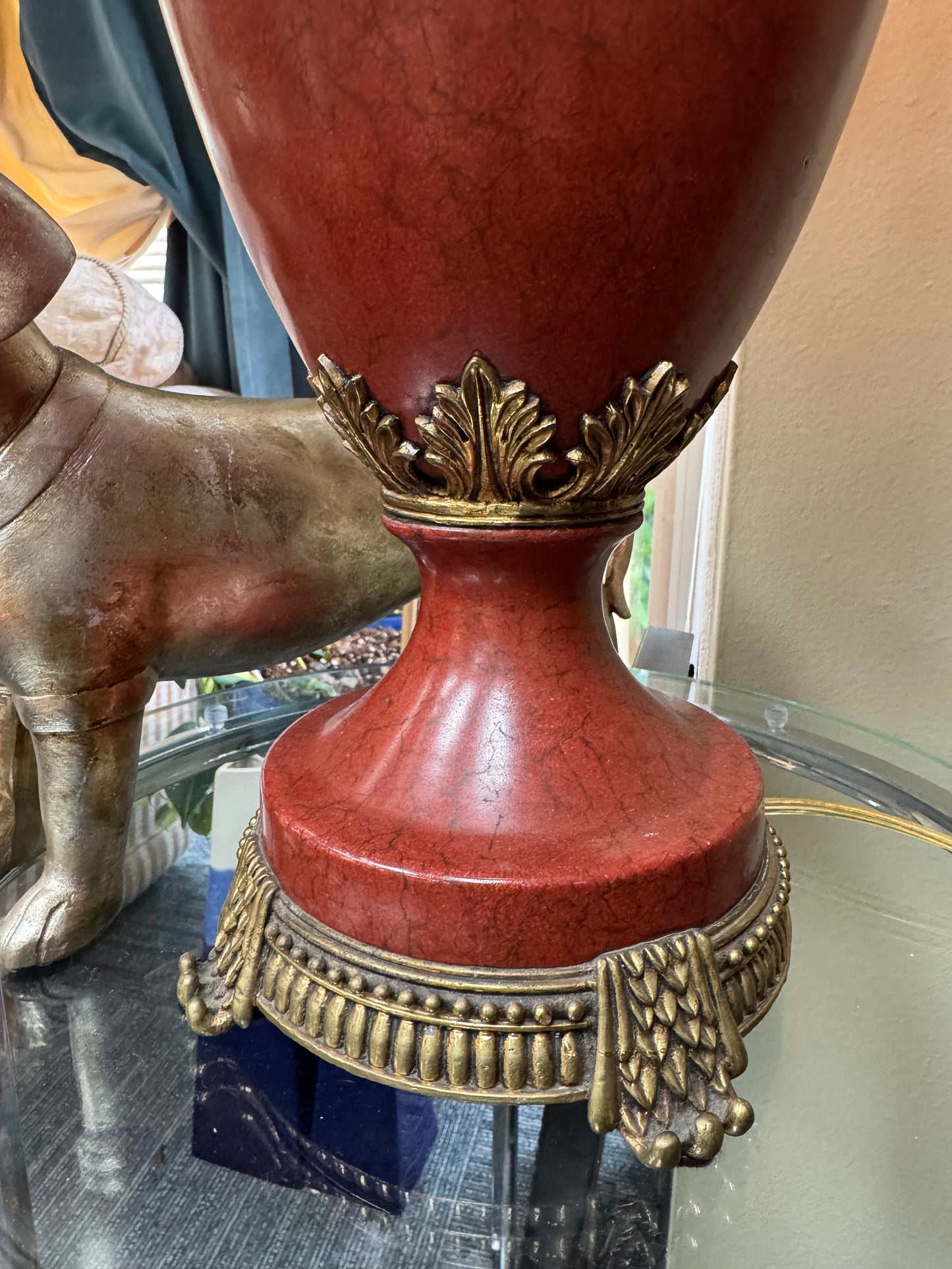 Large Vintage Red Ceramic Urn Table Lamp Swan Handles Brass Hollywood Regency 33” PICKUP