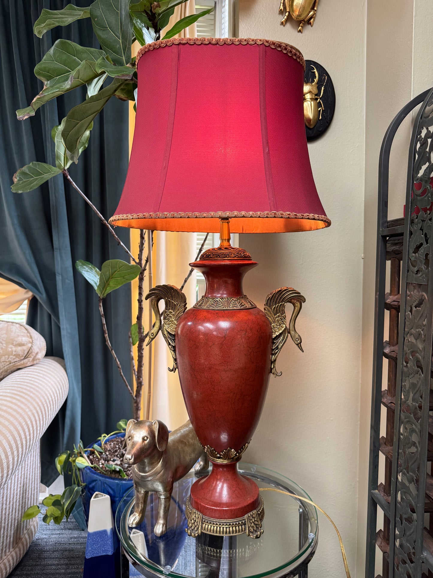 Large Vintage Red Ceramic Urn Table Lamp Swan Handles Brass Hollywood Regency 33” PICKUP