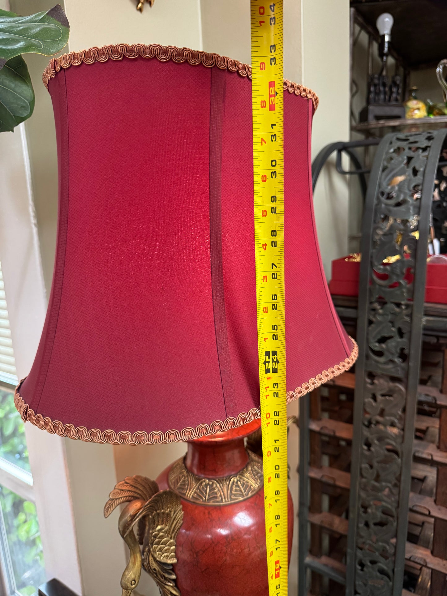 Large Vintage Red Ceramic Urn Table Lamp Swan Handles Brass Hollywood Regency 33” PICKUP