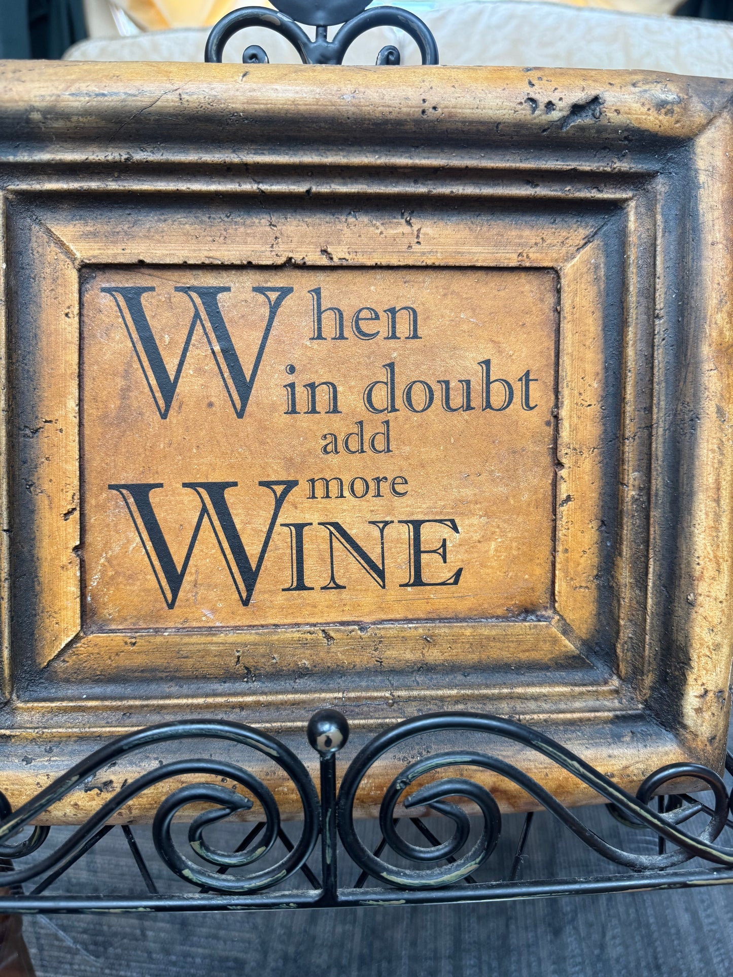 Heavy Ceramic Wine Quote Plaque w/ Metal Stand Rustic Framed Decor “When in Doubt Add More Wine”