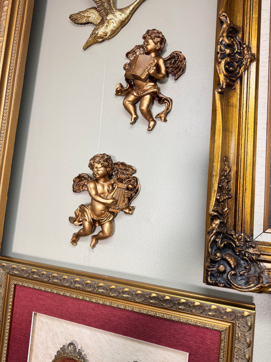 Vintage Style Gold Cherub Wall Decor Set of 2 Resin Angels Musical Putti Wall Plaques