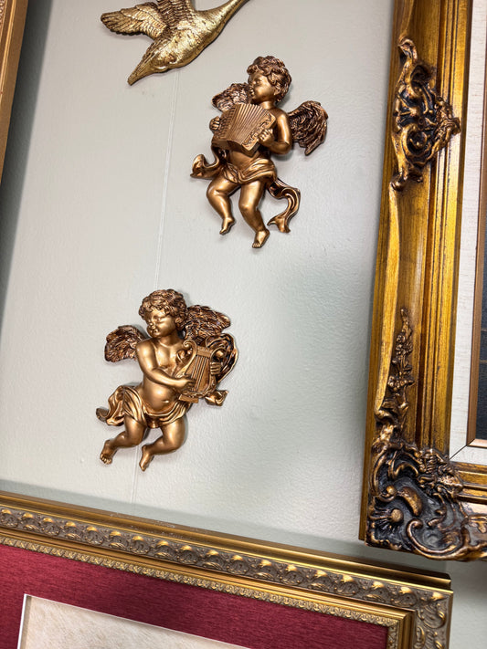 Vintage Style Gold Cherub Wall Decor Set of 2 Resin Angels Musical Putti Wall Plaques