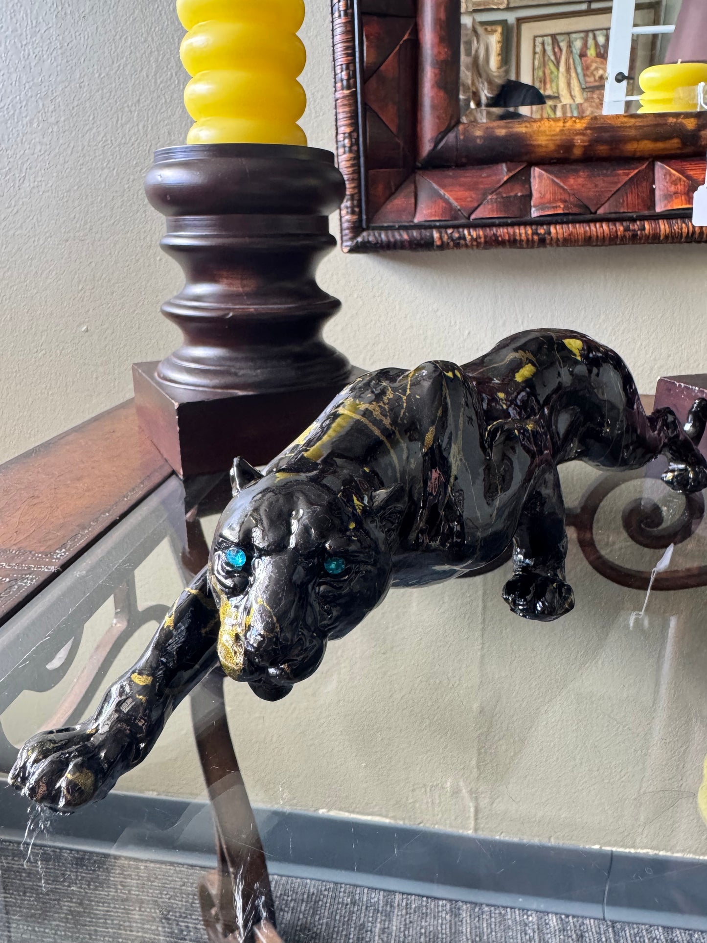 Black Panther Resin Sculpture Figurine Glossy Black Gold Accents Blue Eyes 15”