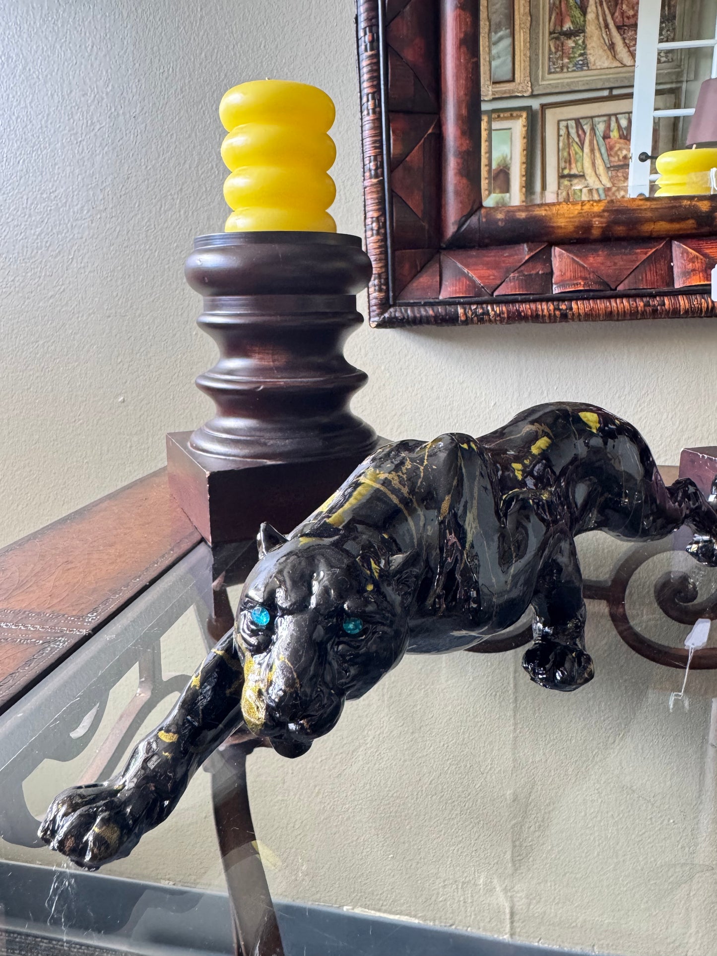 Black Panther Resin Sculpture Figurine Glossy Black Gold Accents Blue Eyes 15”