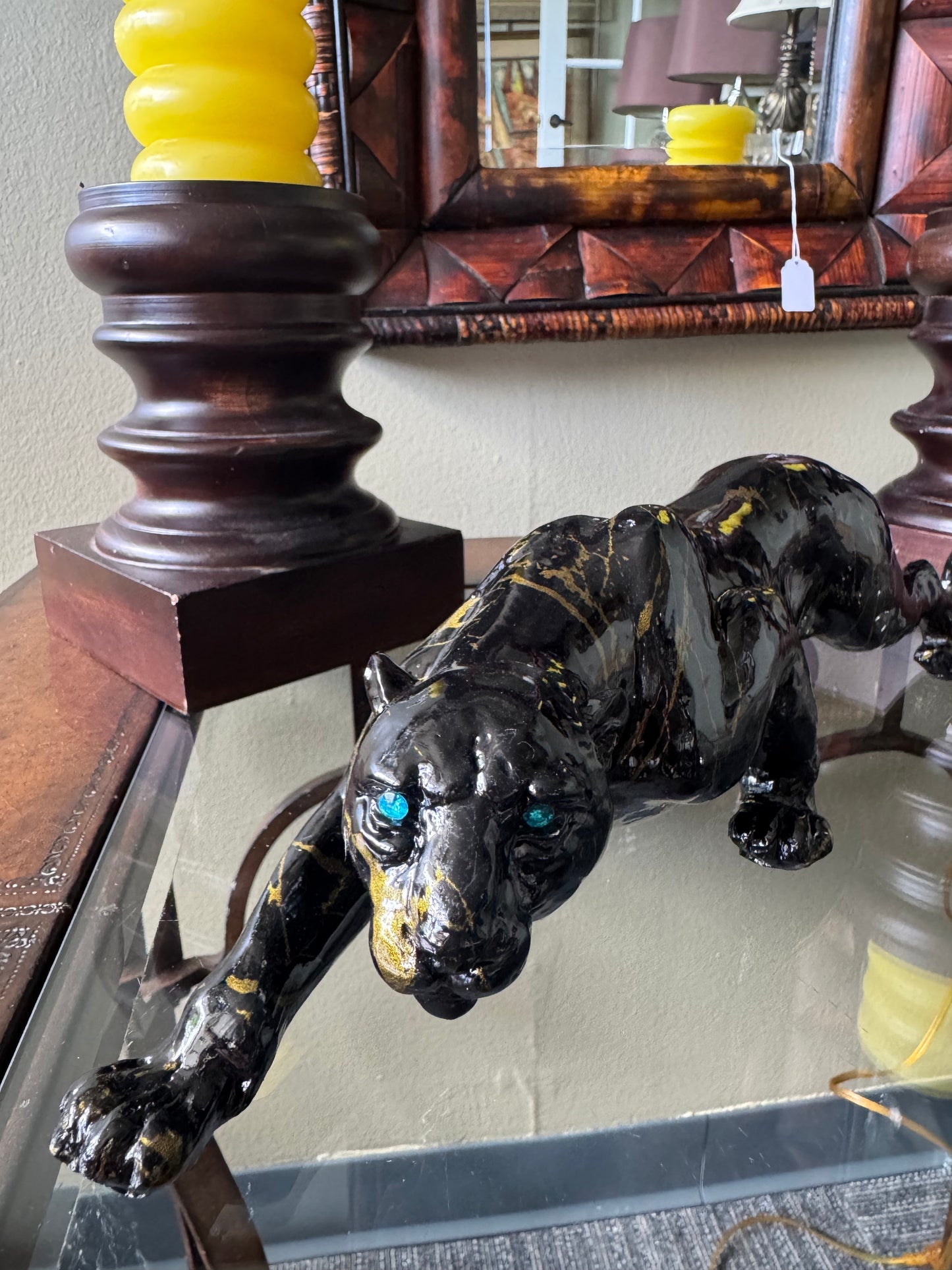 Black Panther Resin Sculpture Figurine Glossy Black Gold Accents Blue Eyes 15”