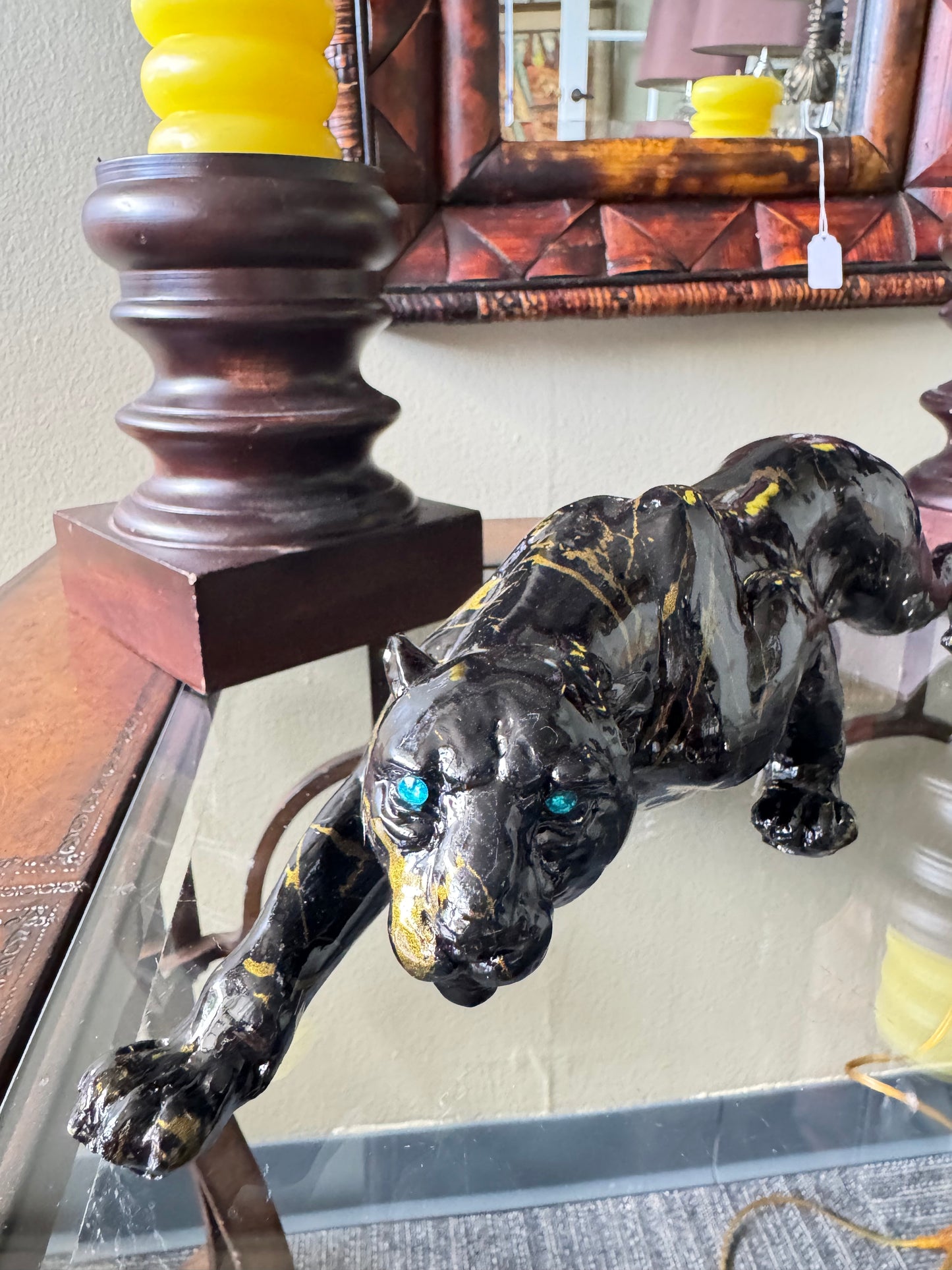 Black Panther Resin Sculpture Figurine Glossy Black Gold Accents Blue Eyes 15”