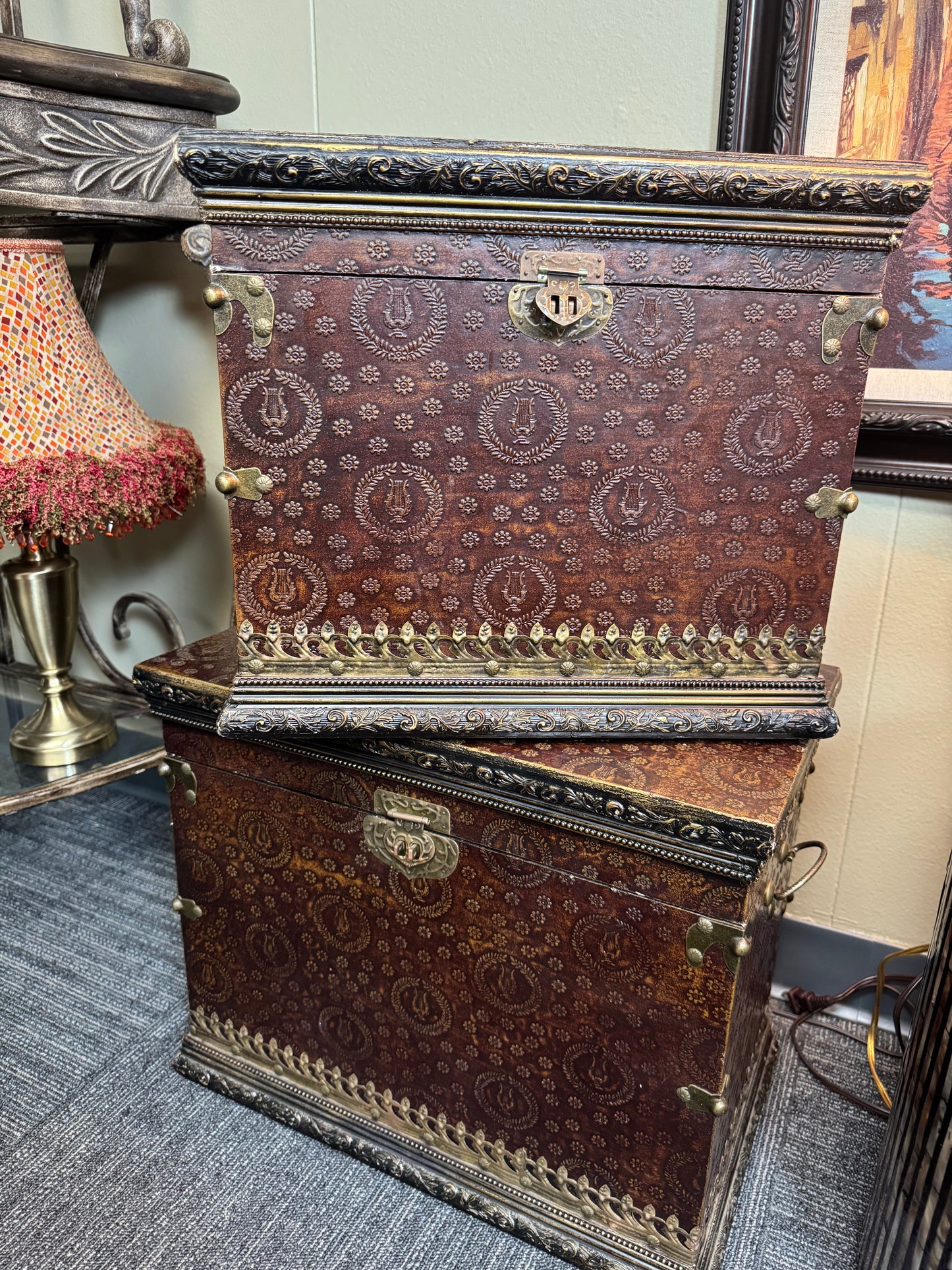 Large Decorative Storage Chest Set 2 Embossed Antique Style Trunks Brass Hardware Local Pickup